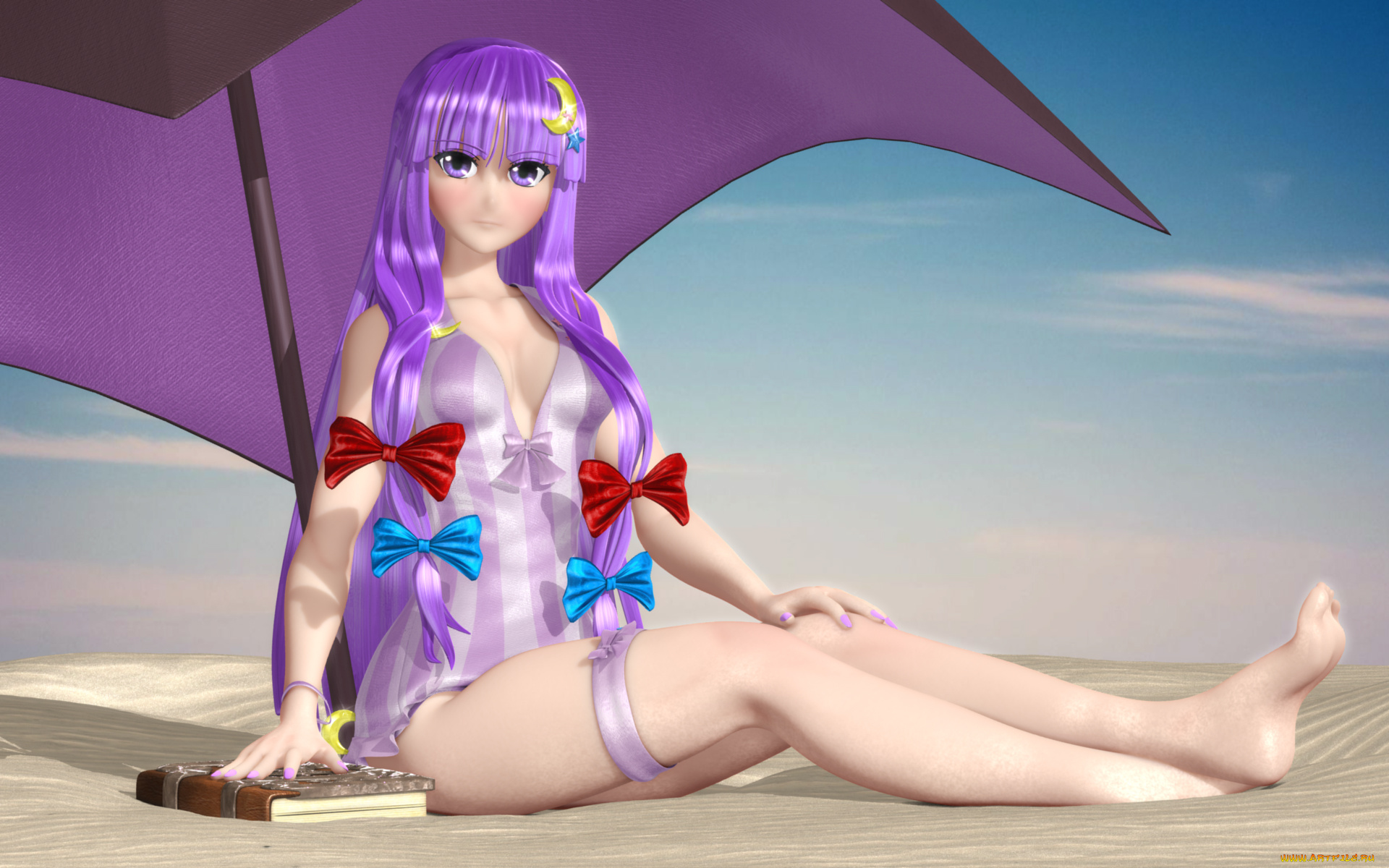 3д, графика, anime, , аниме, зонтик, книга, девушка