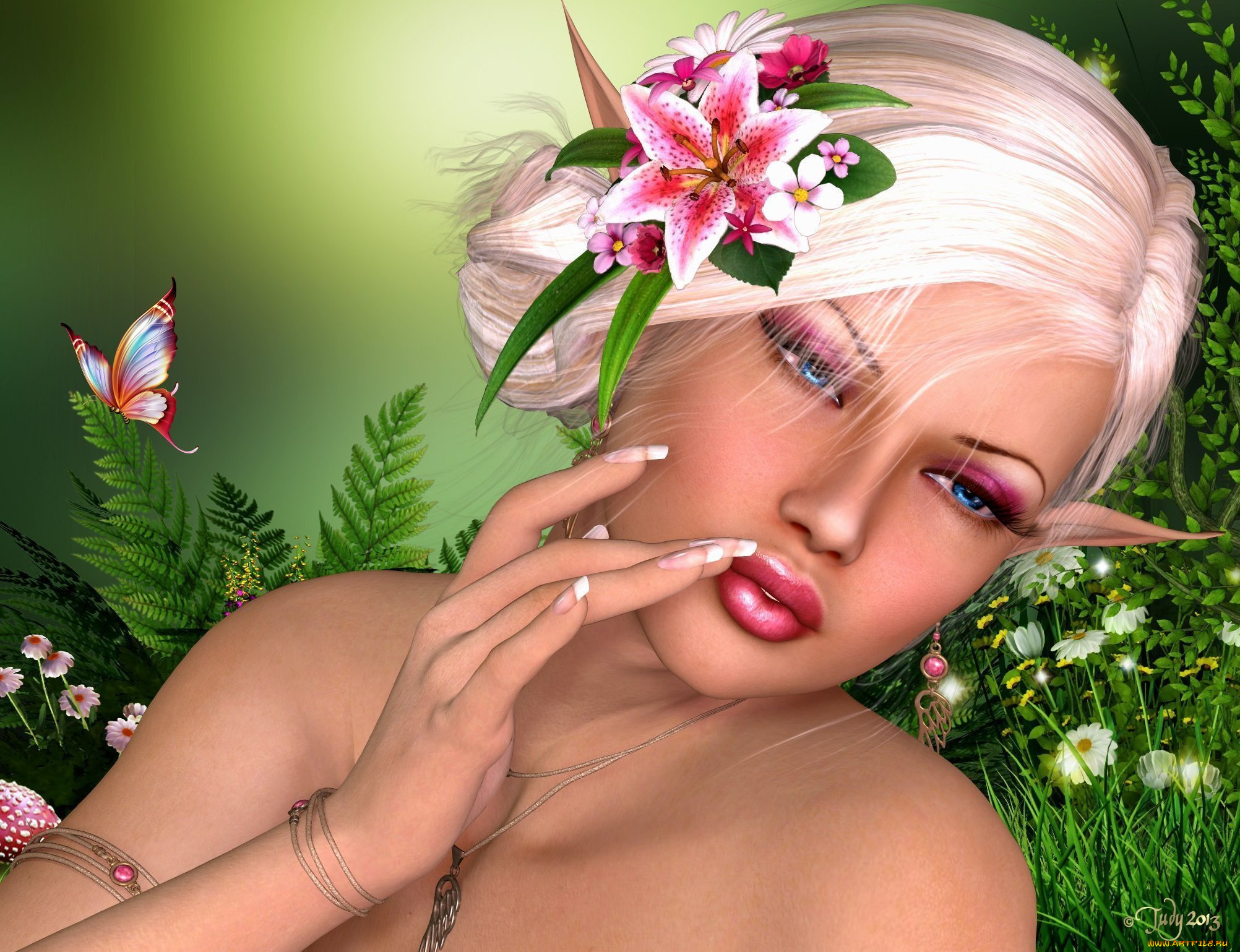 3д, графика, elves, , эльфы, цветы, эльфийка