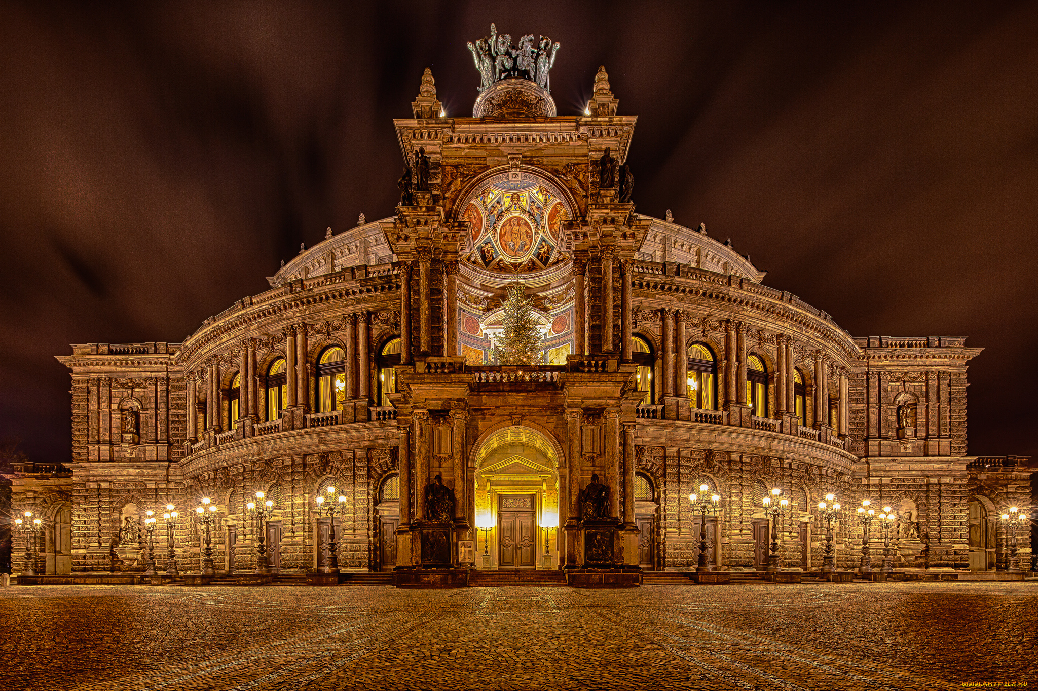 оперный, театр, города, дрезден, , германия, ночь, театр, архитектура