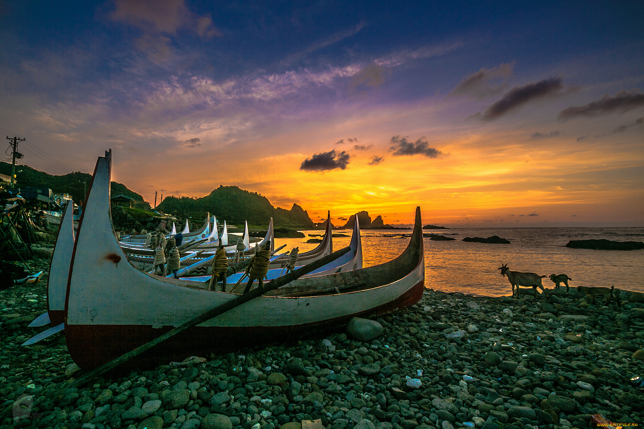 корабли, лодки, , шлюпки, закат, галька, океан, пляж