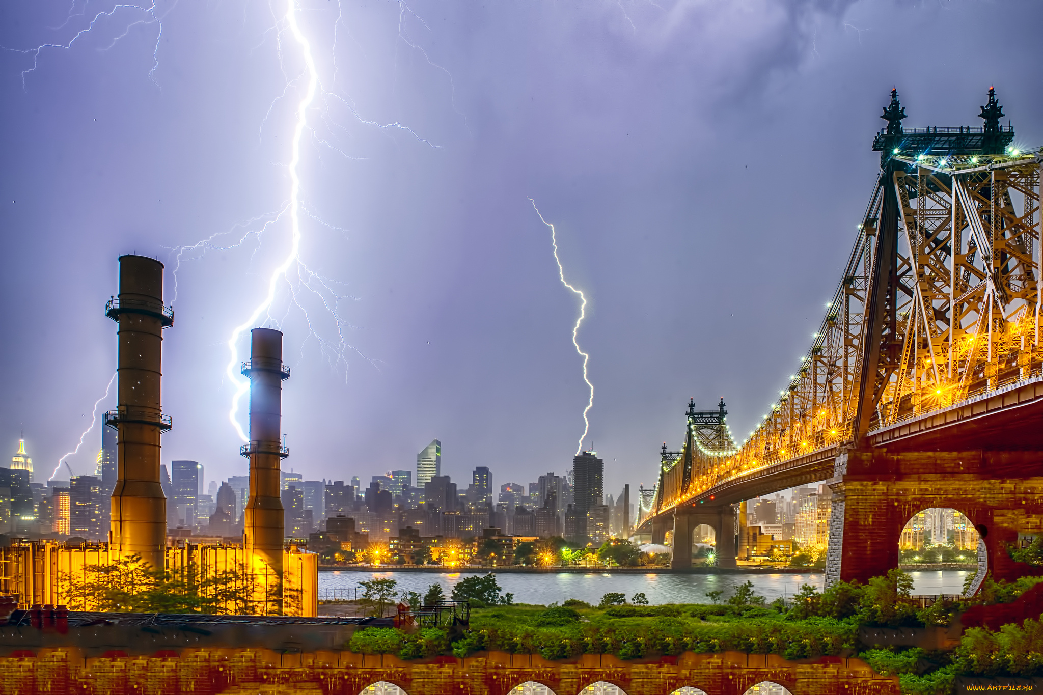 new, york, city, lightning, города, нью-йорк, , сша, гроза, молнии, огни, мост, река, город