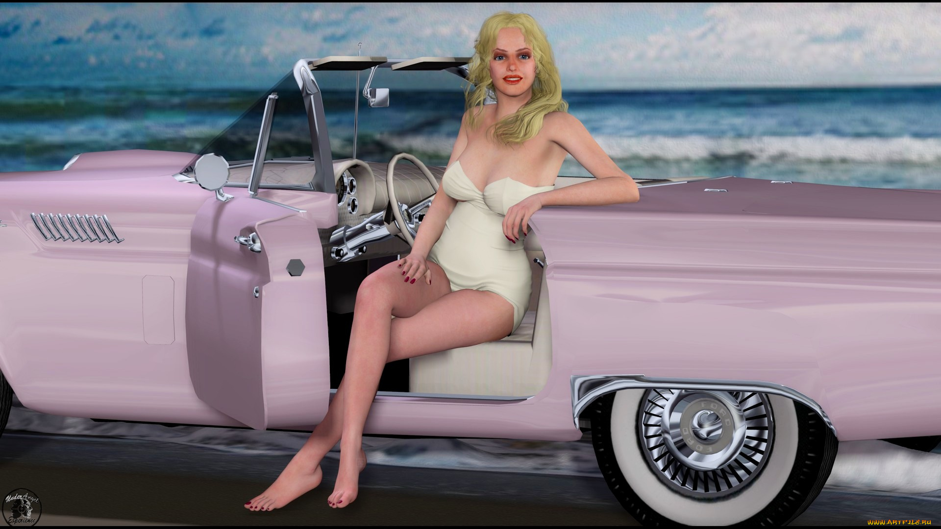 автомобили, 3d, car&girl, девушка, блондинка, взгляд, фон, автомобиль