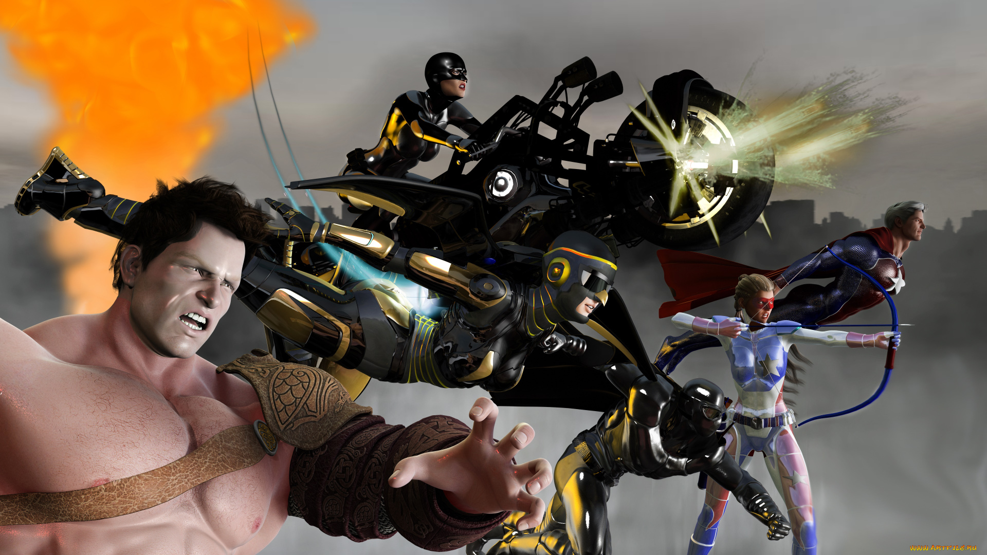 3д, графика, фантазия, , fantasy, девушки, оружие, фон, взгляд, мужчины