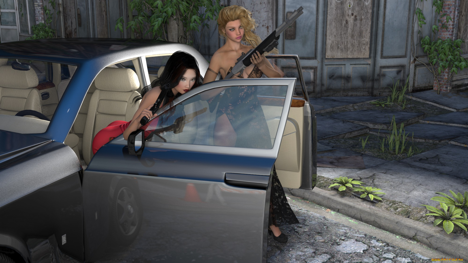 3д, графика, фантазия, , fantasy, руины, оружие, автомобиль, фон, девушки, взгляд