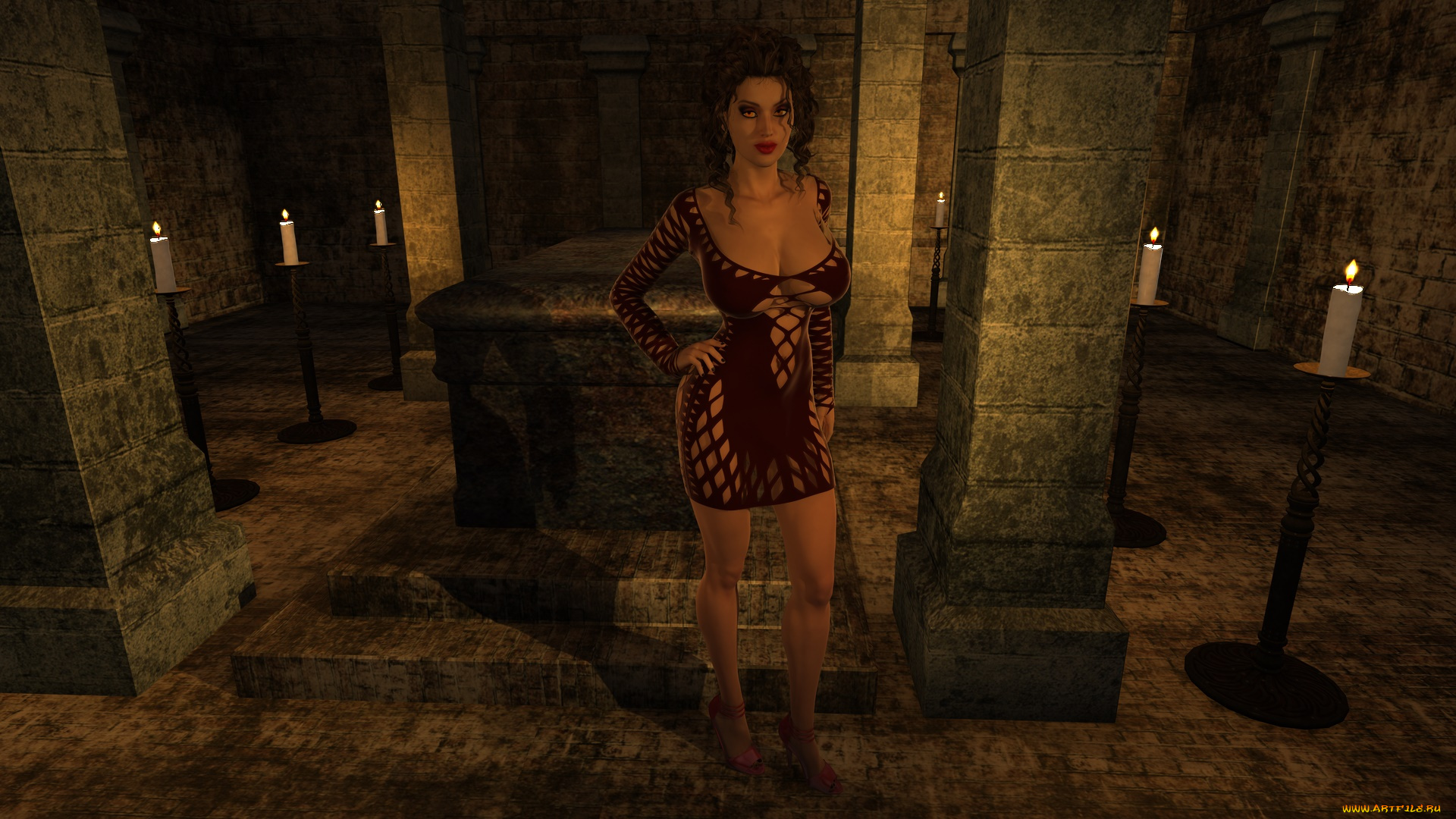 3д, графика, фантазия, , fantasy, свечи, фон, взгляд, девушка