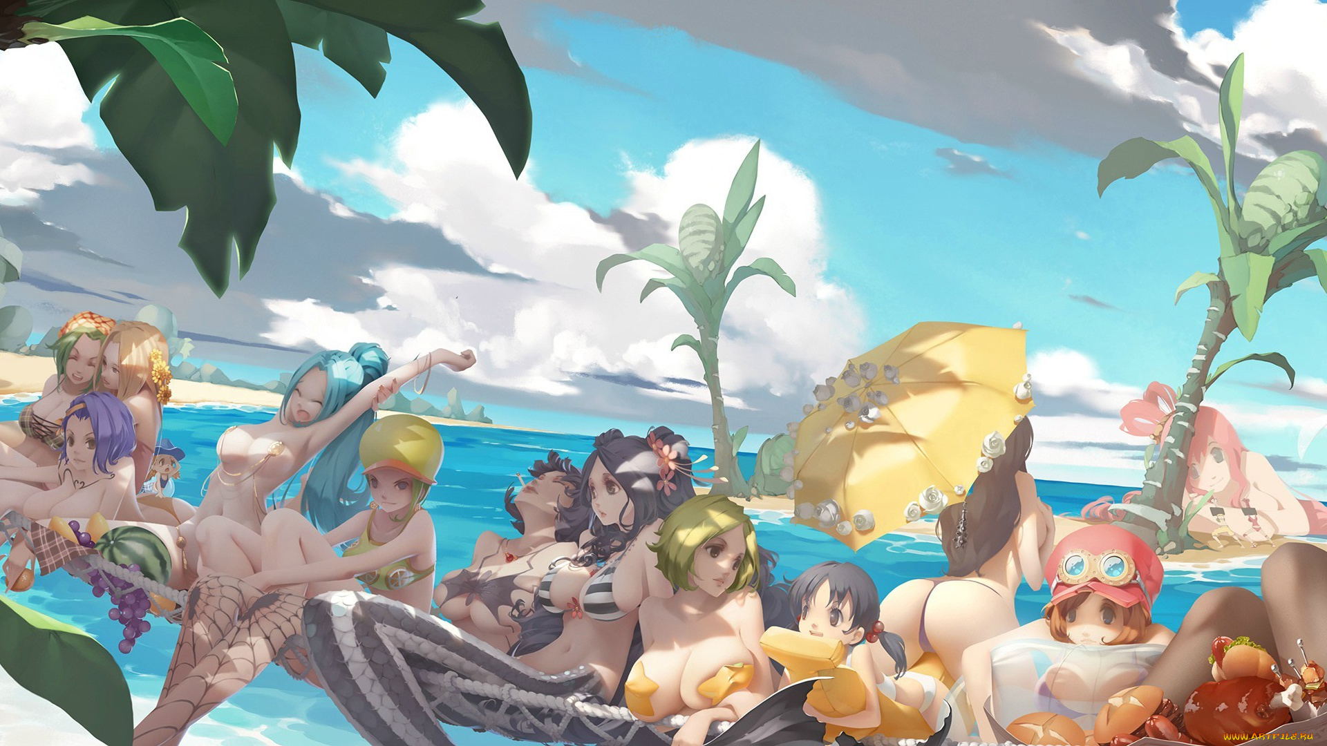 аниме, one, piece, девушки, небо, пальмы, еда, b-bor, пляж, арт, тропики, формы, эротика, character, tagme, one, piece