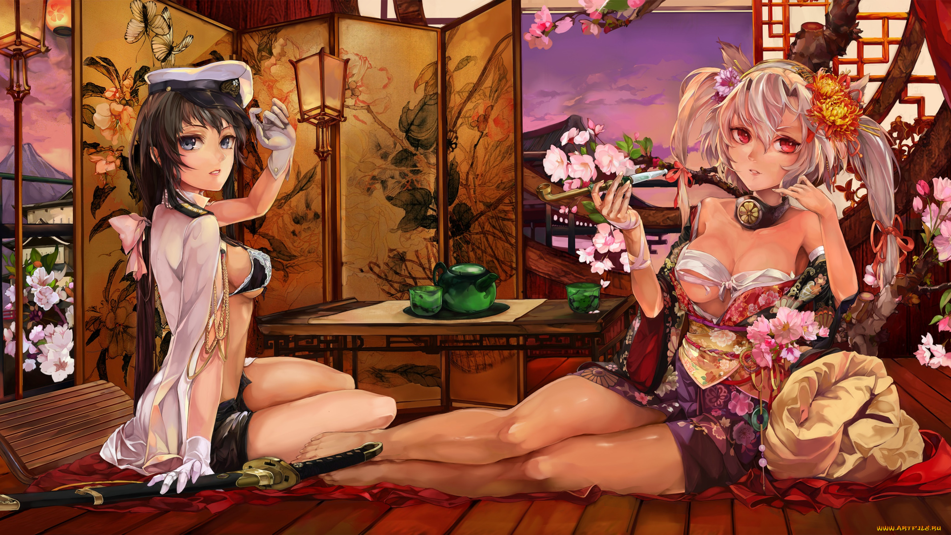 аниме, оружие, , техника, , технологии, арт, чай, фонарь, вечер, меч, девушки, цветы, рисунки, poyan, noken