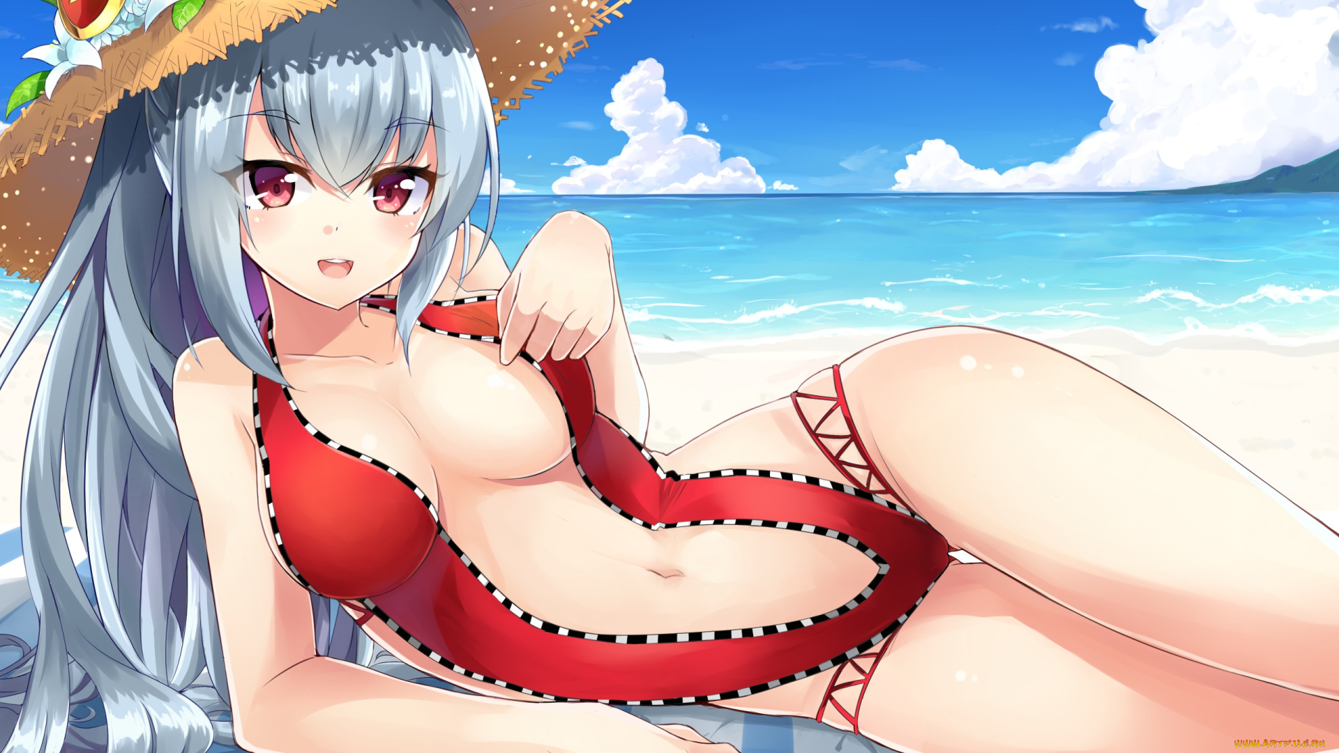 аниме, unknown, , другое, облака, небо, море, пляж, девушка