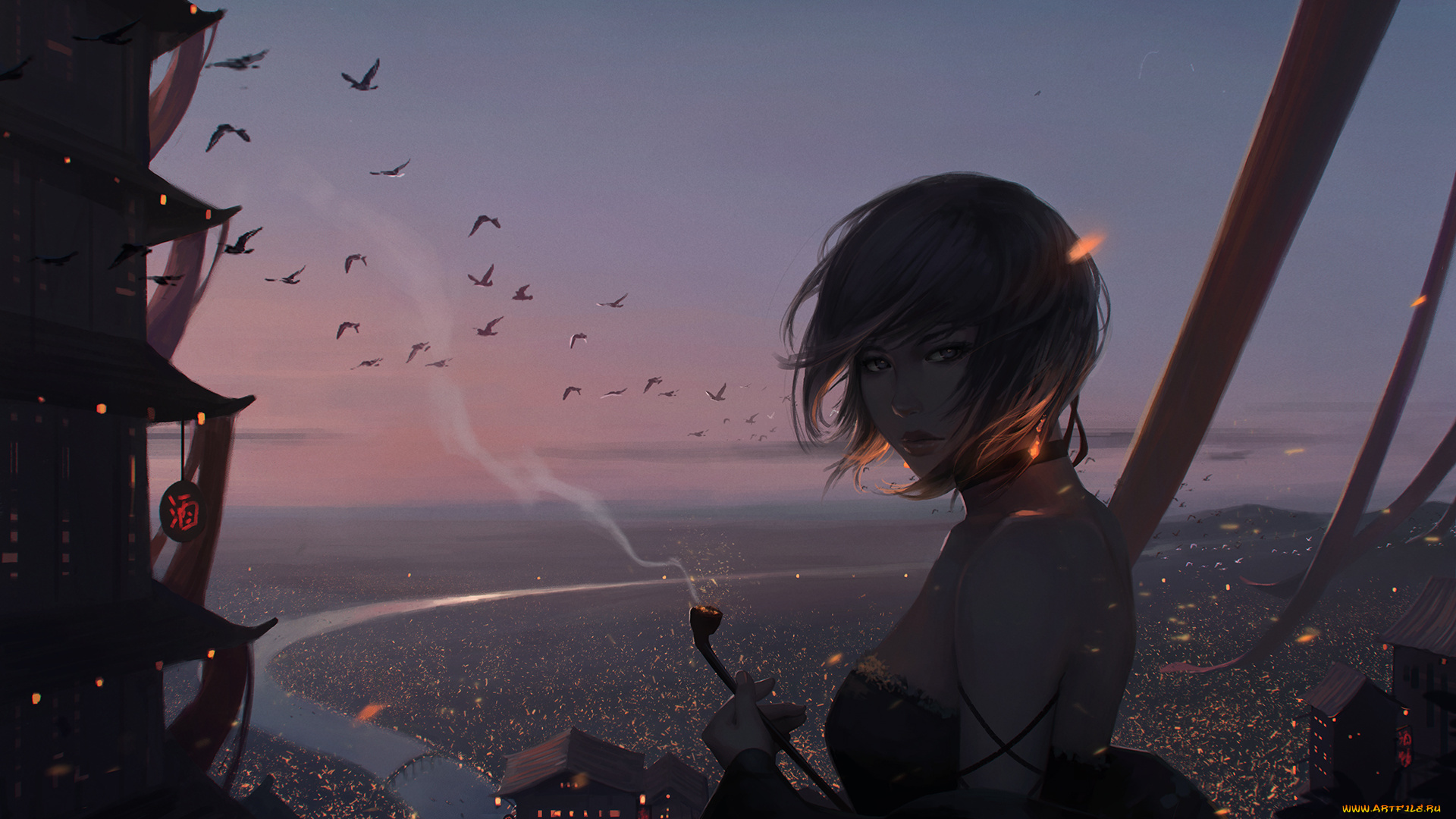 фэнтези, девушки, трубка, вечер, город, девушка, небо, огни