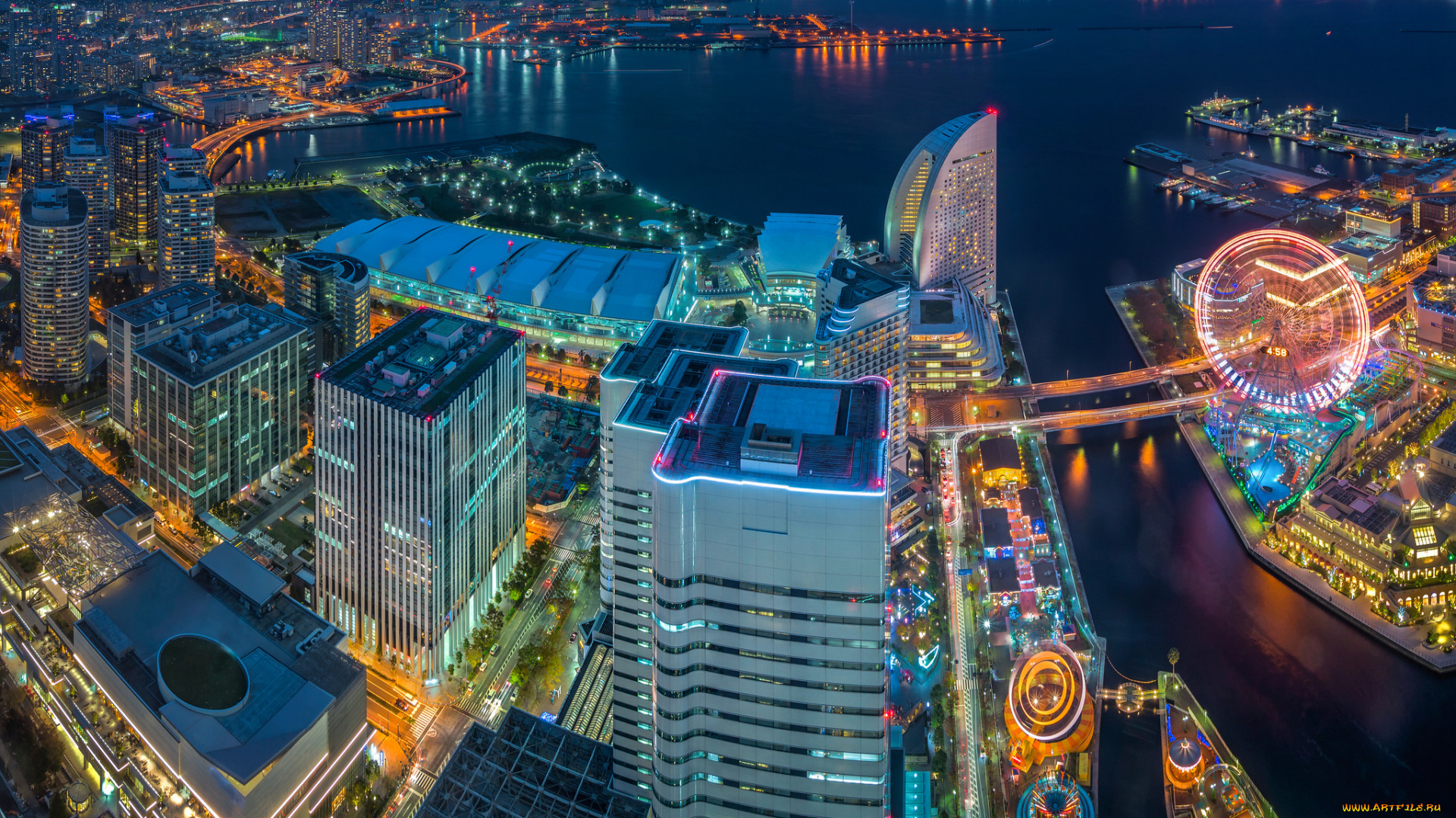 города, йокогама, , Япония, небоскрёбы, здания, ночной, город, токийский, залив, панорама, иокогама, минато, мирай, 21, tokyo, bay, japan, yokohama, minato, mirai