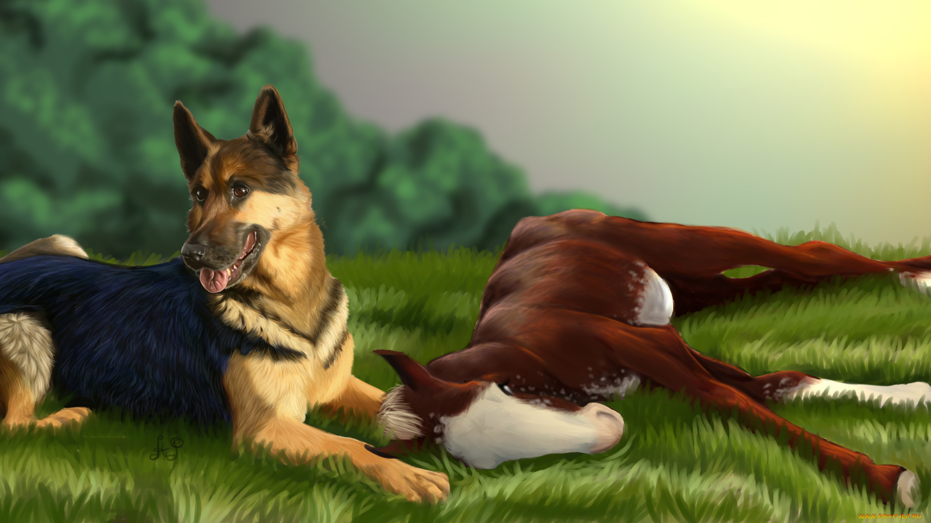 рисованное, животные, луг, лошадка, собака