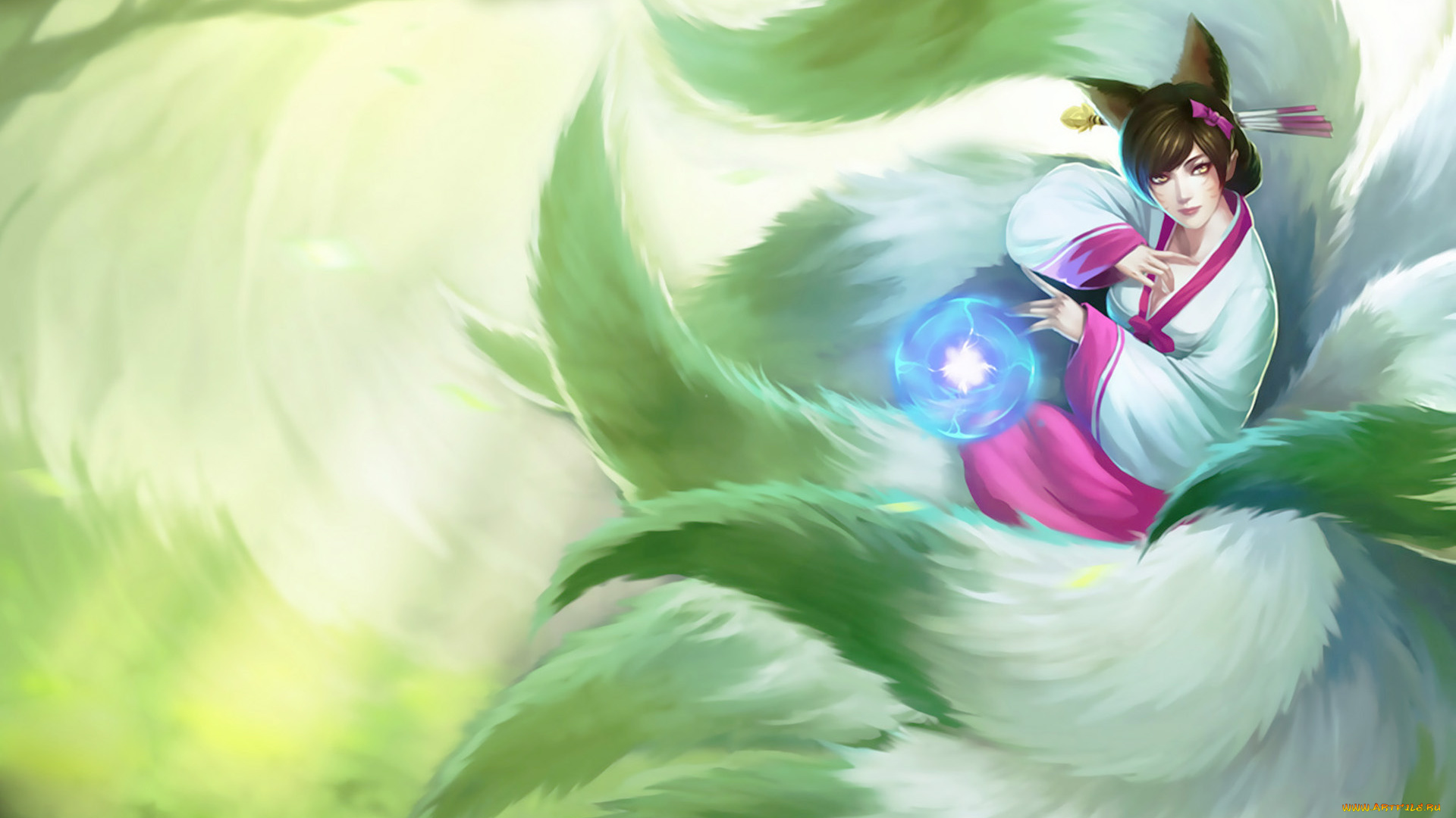 видео, игры, league, of, legends, хвост, магия, арт, лиса, фон, взгляд, девушка, ahri