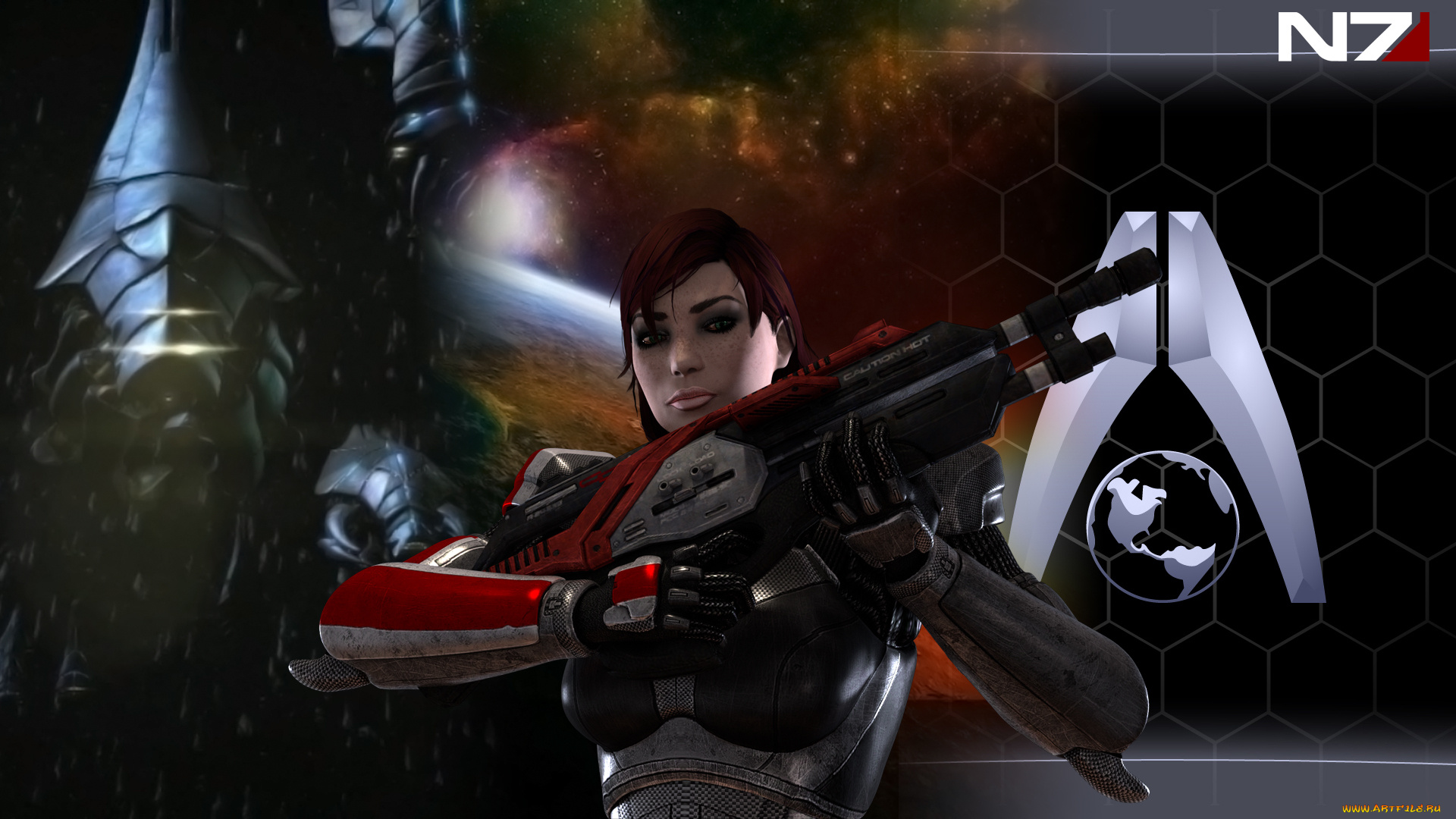 видео, игры, mass, effect, 3, девушка, взгляд, фон, оружие