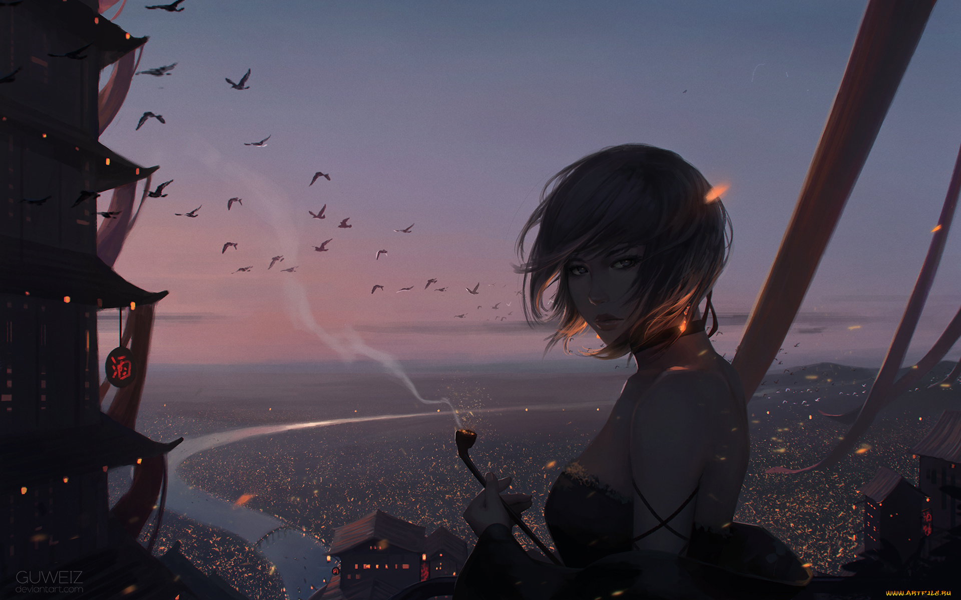 фэнтези, девушки, трубка, вечер, город, девушка, небо, огни