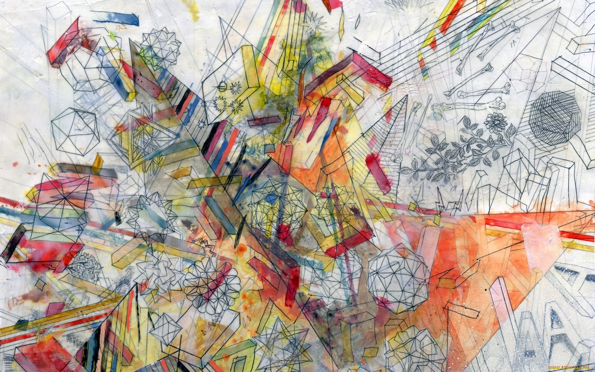 рисованное, абстракция, чертежи, взрыв, геометрия, кости, фигуры