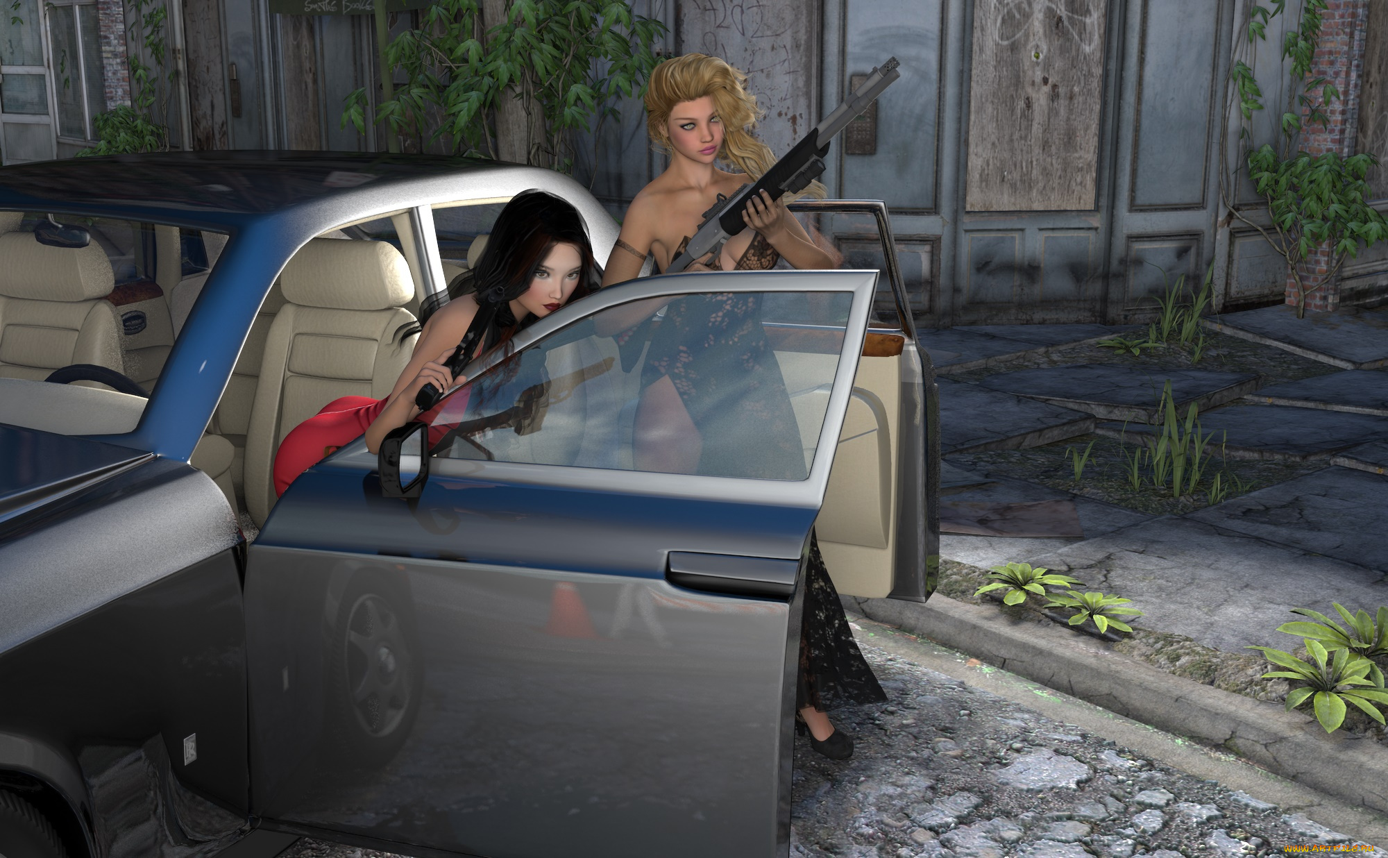 3д, графика, фантазия, , fantasy, руины, оружие, автомобиль, фон, девушки, взгляд