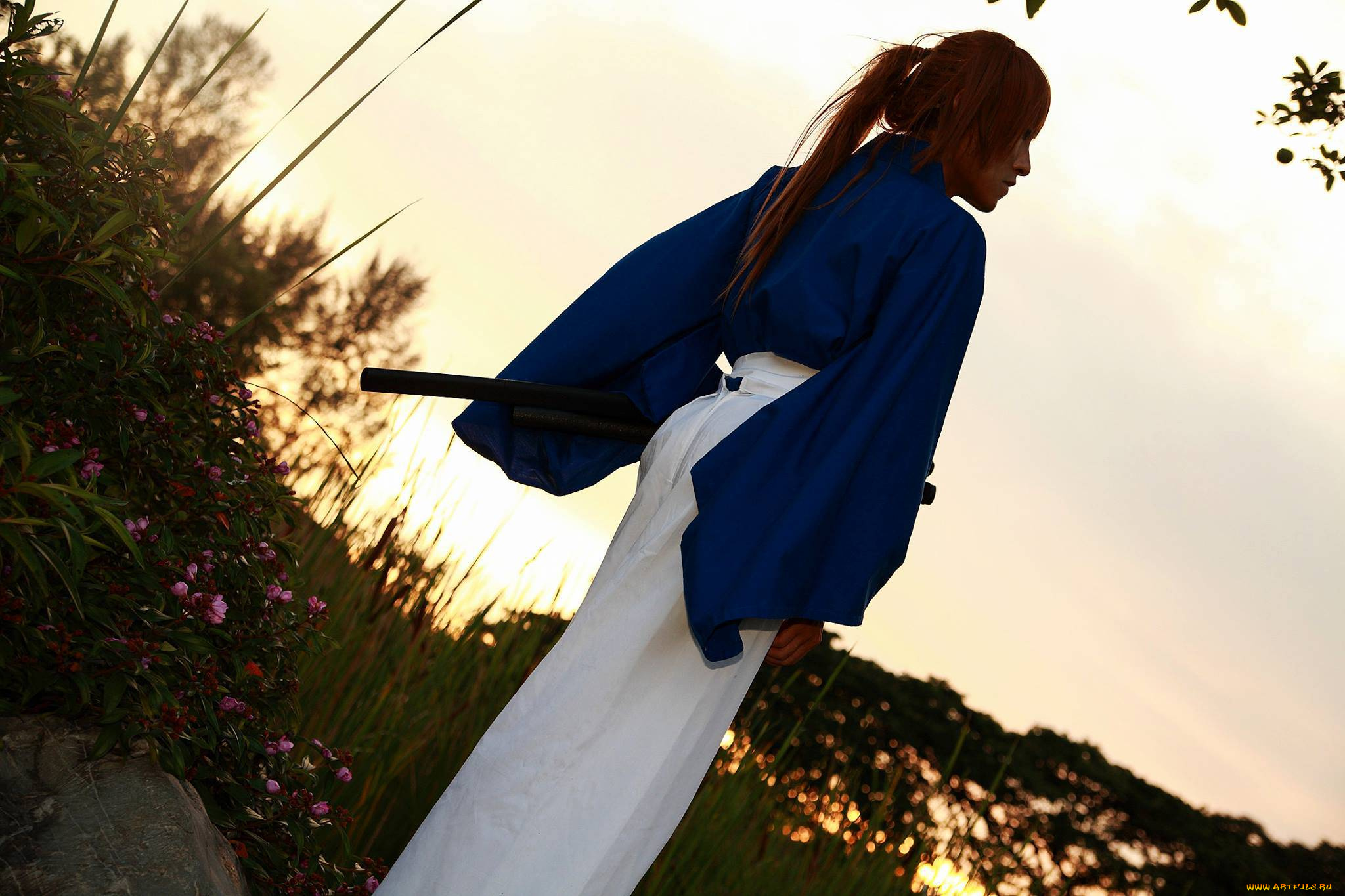 разное, cosplay, , косплей, камень, цветы, азиатка, японка, трава, меч, воительница