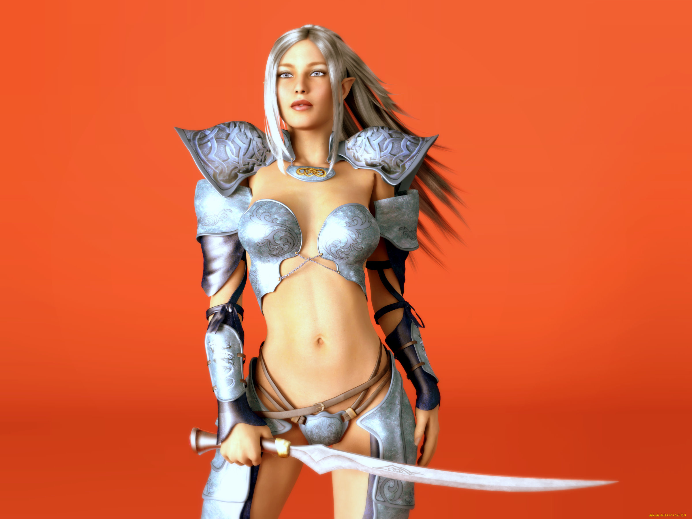 3д, графика, эльфы, , elves, оружие, фон, взгляд, эльфийка