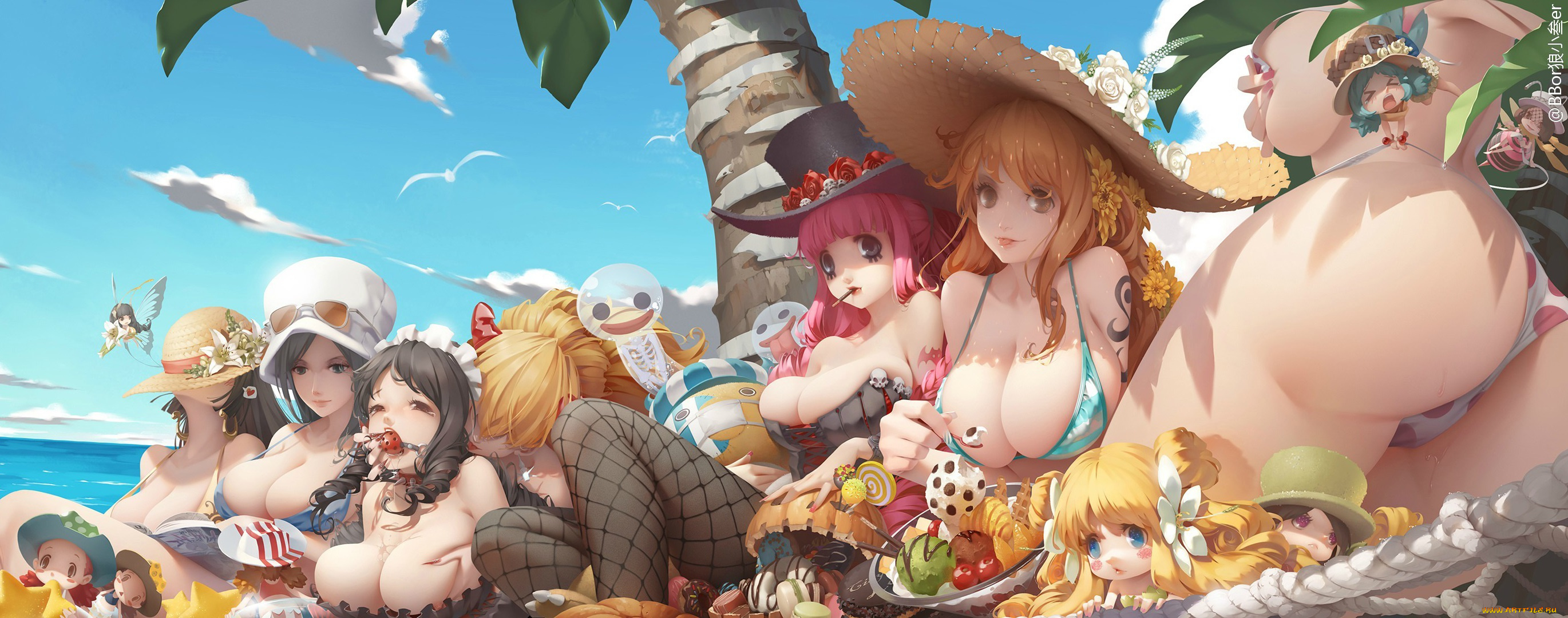 аниме, one, piece, девушки, небо, пальмы, еда, арт, b-bor, character, tagme, one, piece, формы, тропики, пляж, эротика