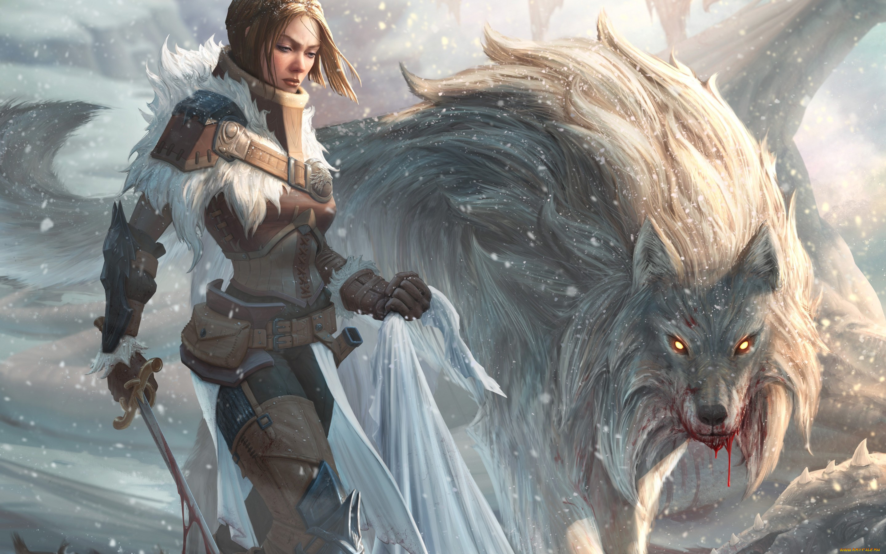 фэнтези, красавицы, и, чудовища, хищник, меч, оружие, взгляд, арт, девушка, волк, кровь