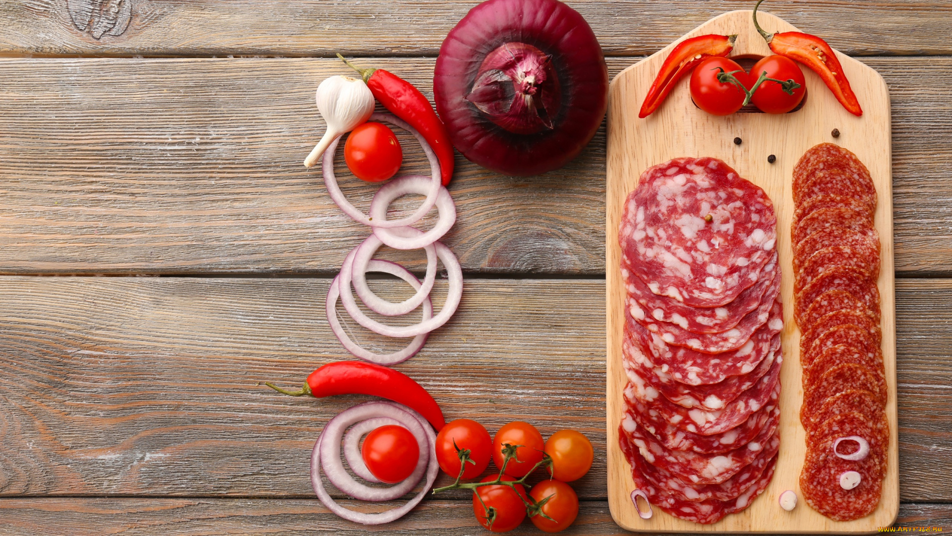 еда, колбасные, изделия, перец, лук, ассорти, нарезка, колбаса, помидоры, томаты