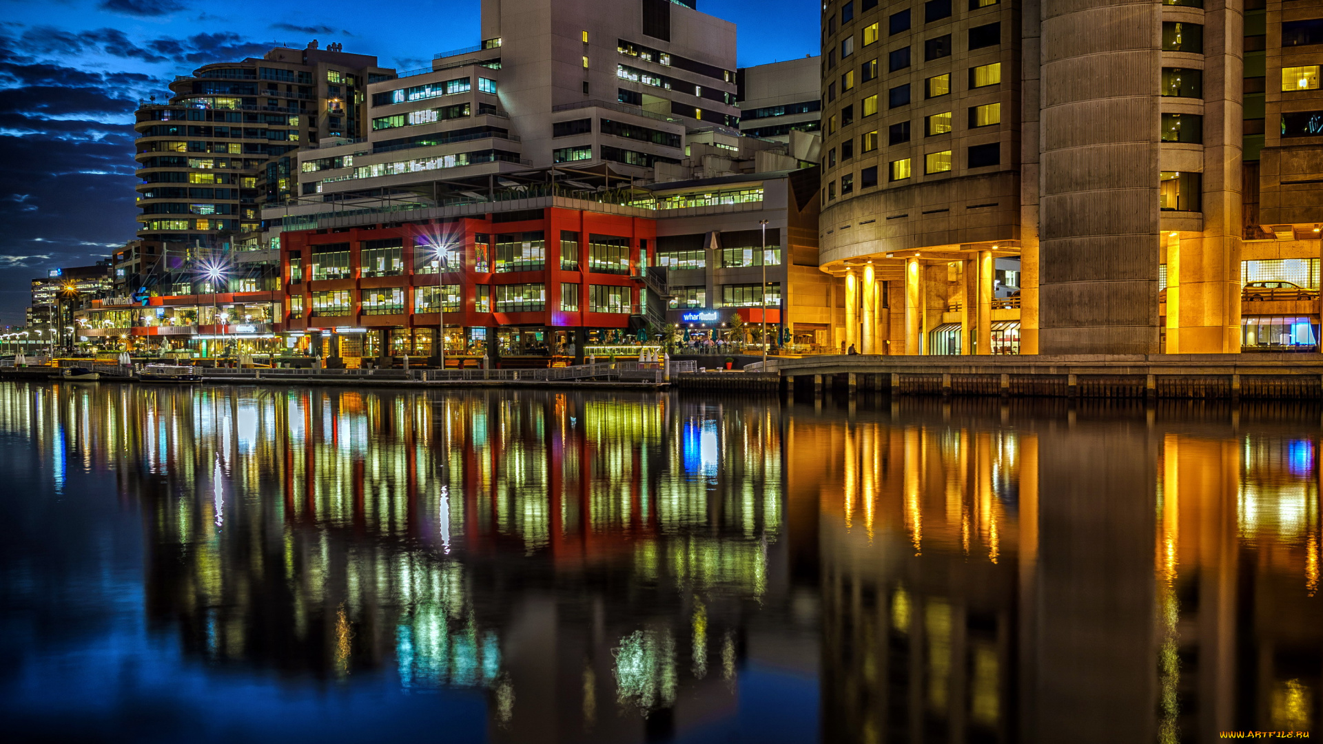 города, мельбурн, , австралия, отражение, река, огни, вечер