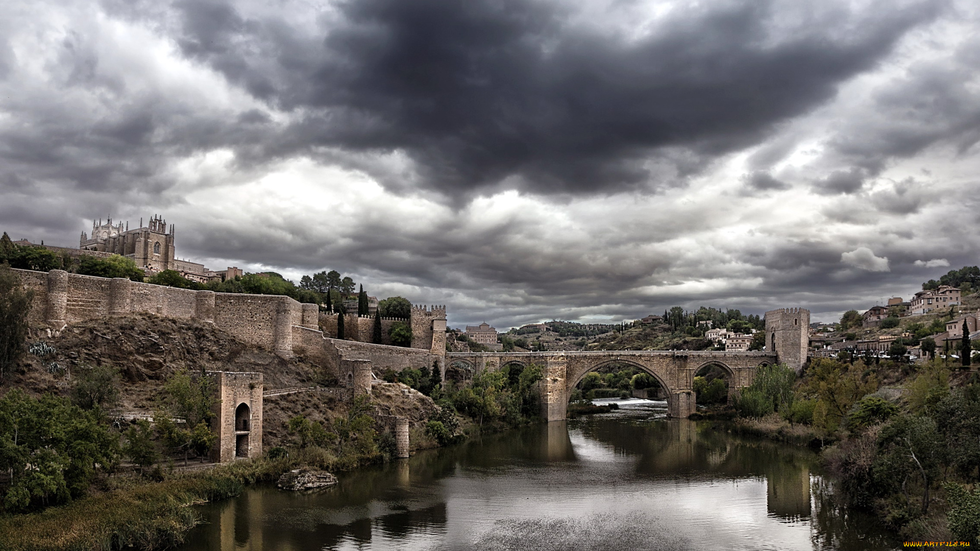 города, толедо, , испания, панорама, река, тучи, мост