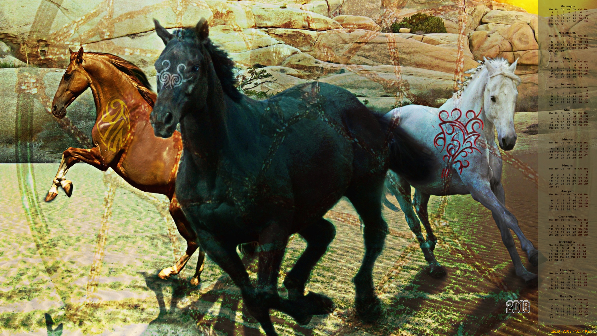 календари, компьютерный, дизайн, лошадь, 2018
