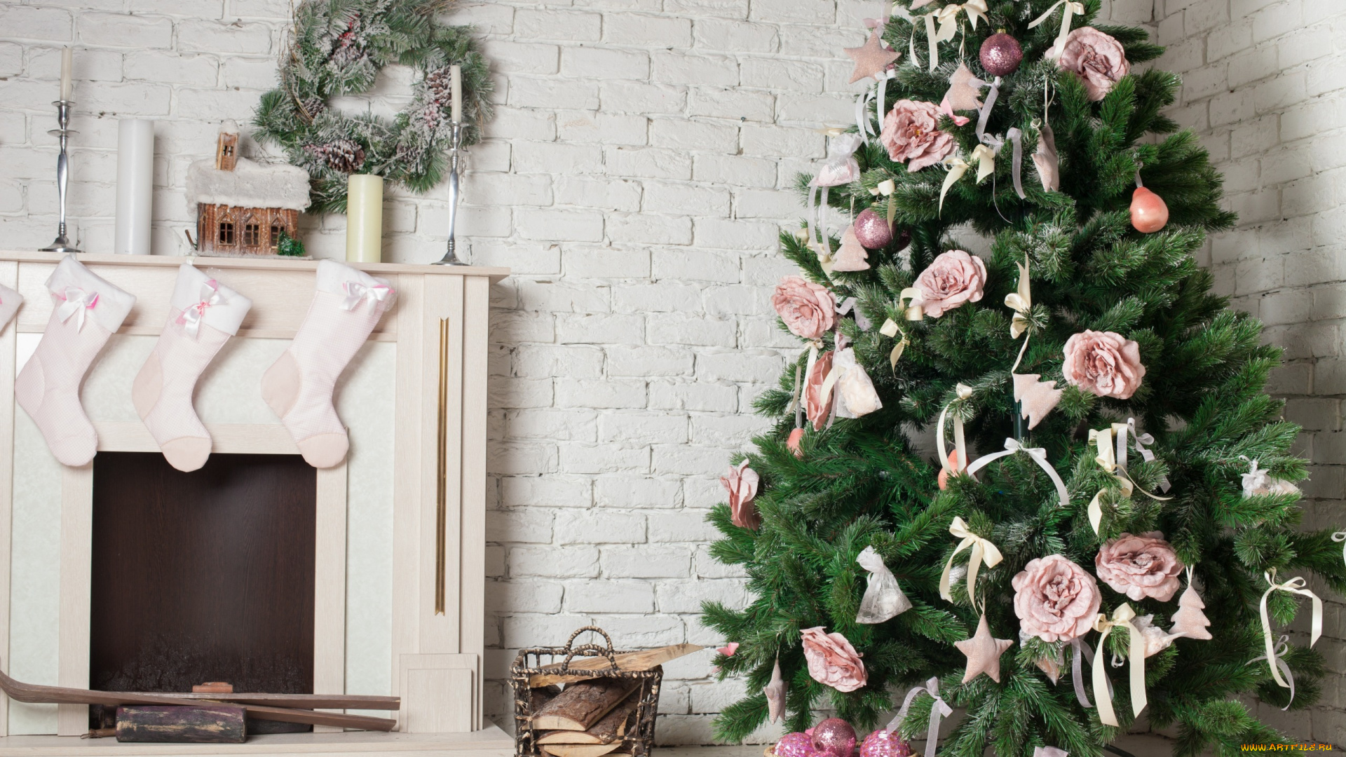 праздничные, -, разное, , новый, год, праздник, новый, год, украшения, камин, елка, свечи