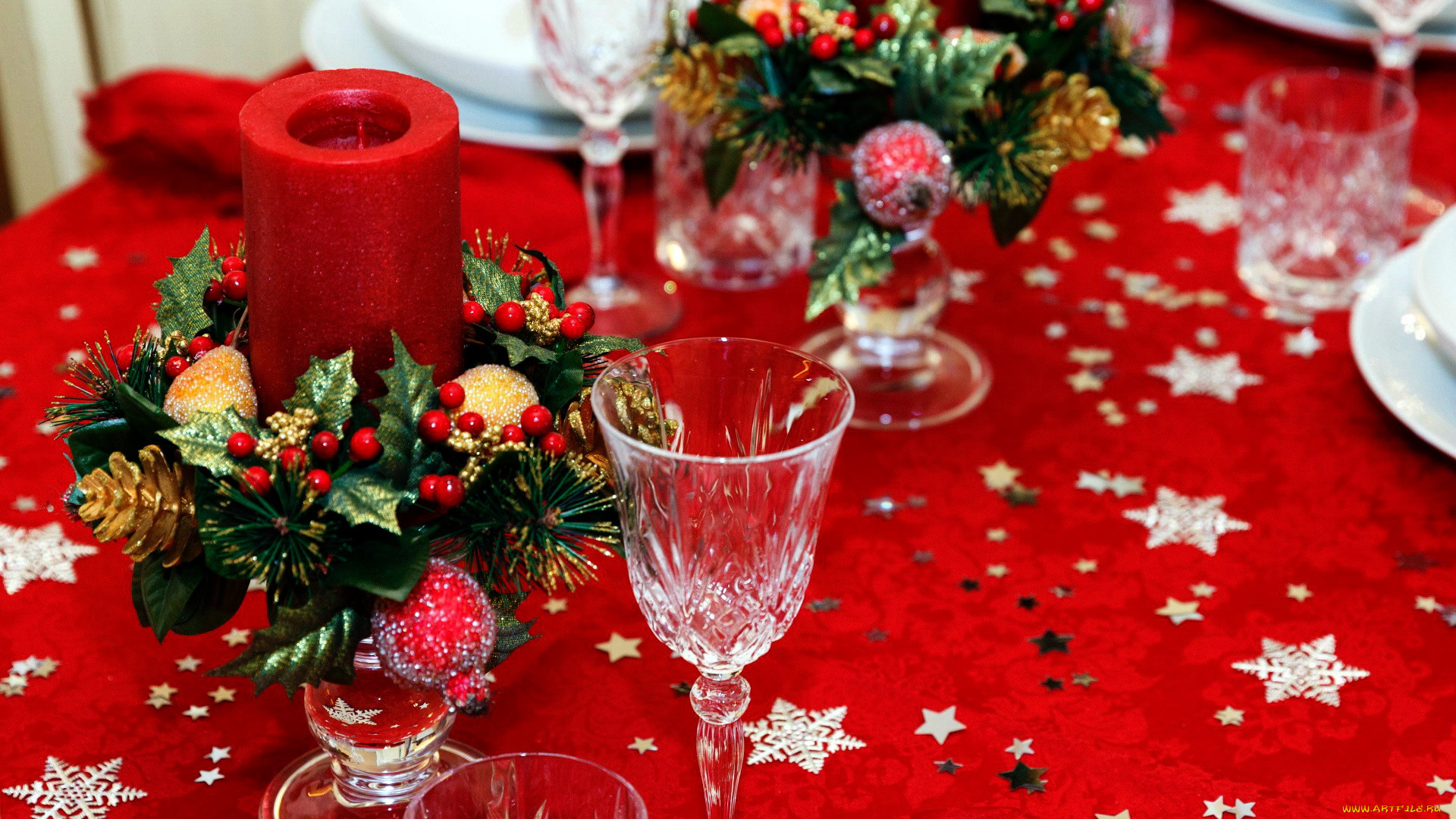 праздничные, сервировка, бокалы, свечи