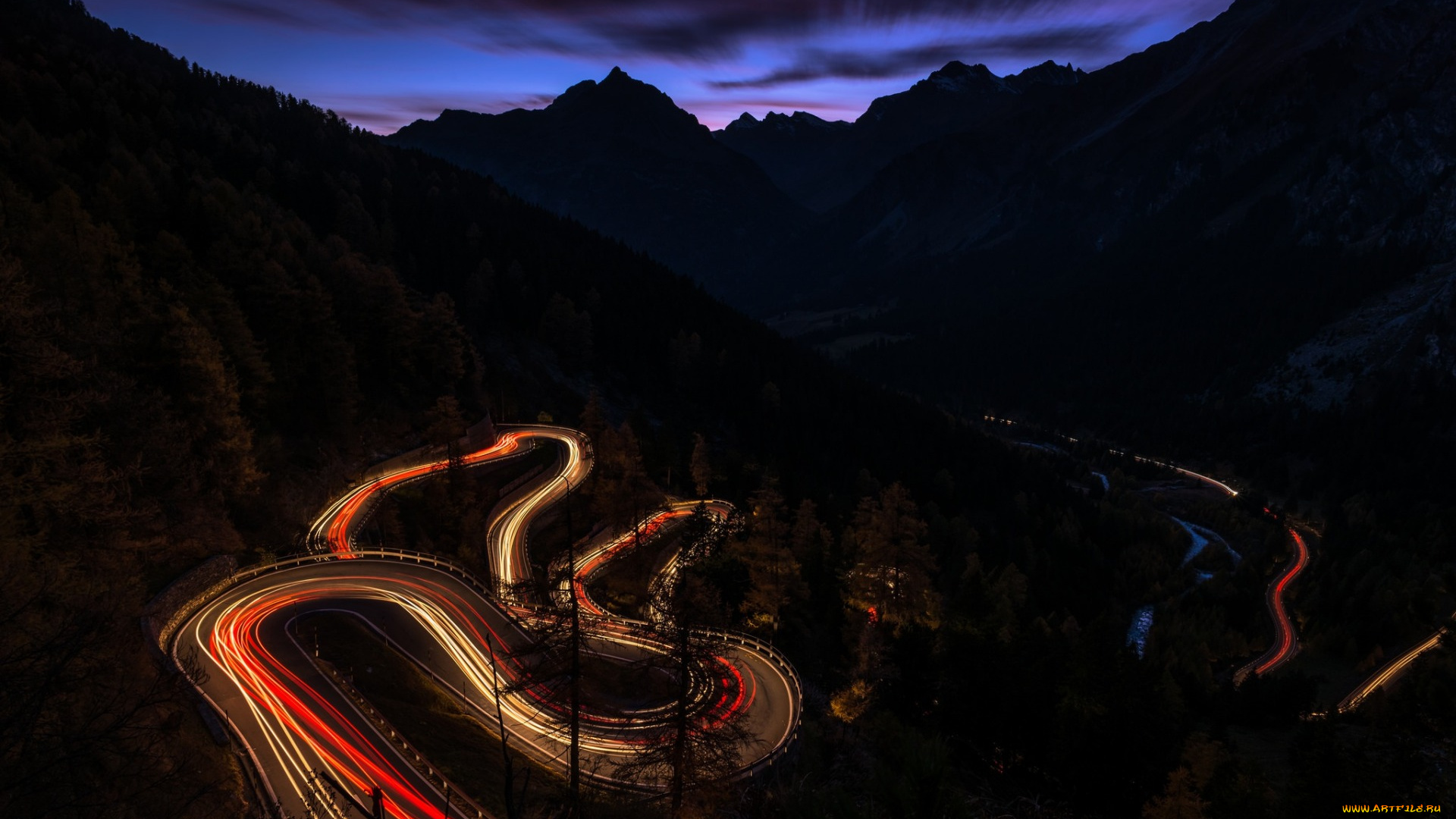 природа, дороги, огни, дорога, ночь