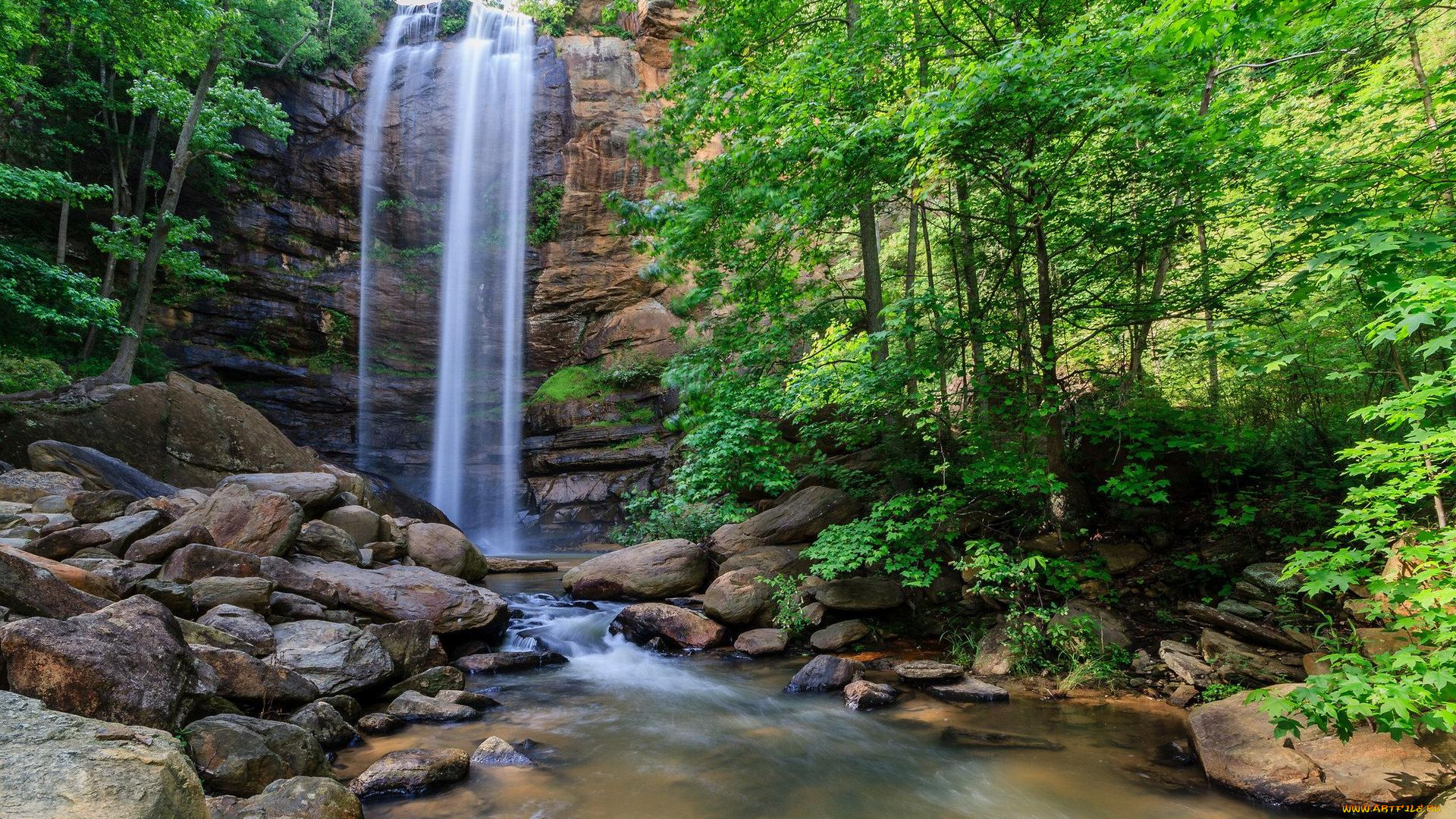 природа, водопады, лес, река, камни, скалы, водопад