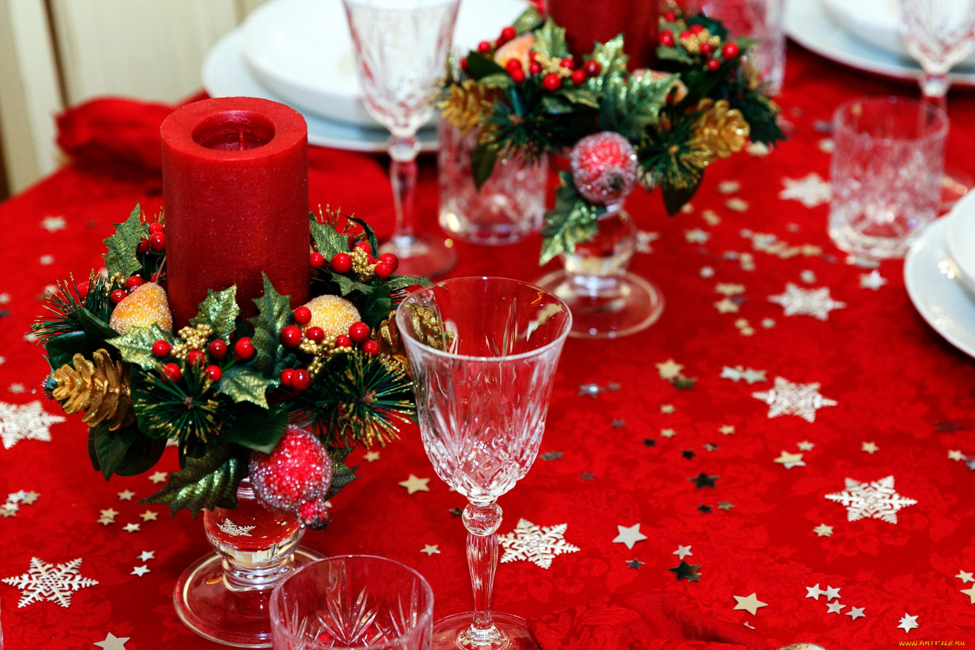 праздничные, сервировка, бокалы, свечи
