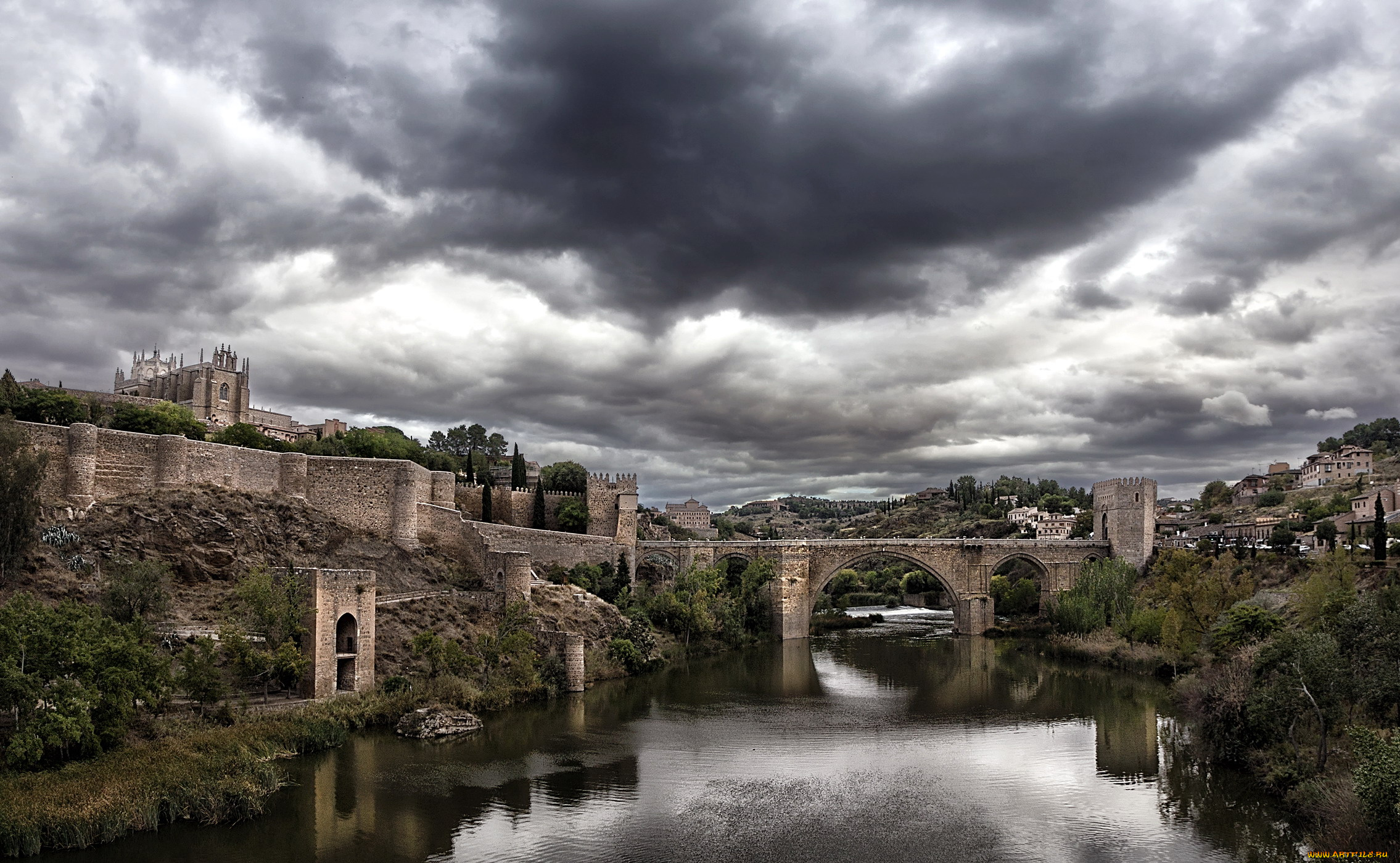 города, толедо, , испания, панорама, река, тучи, мост