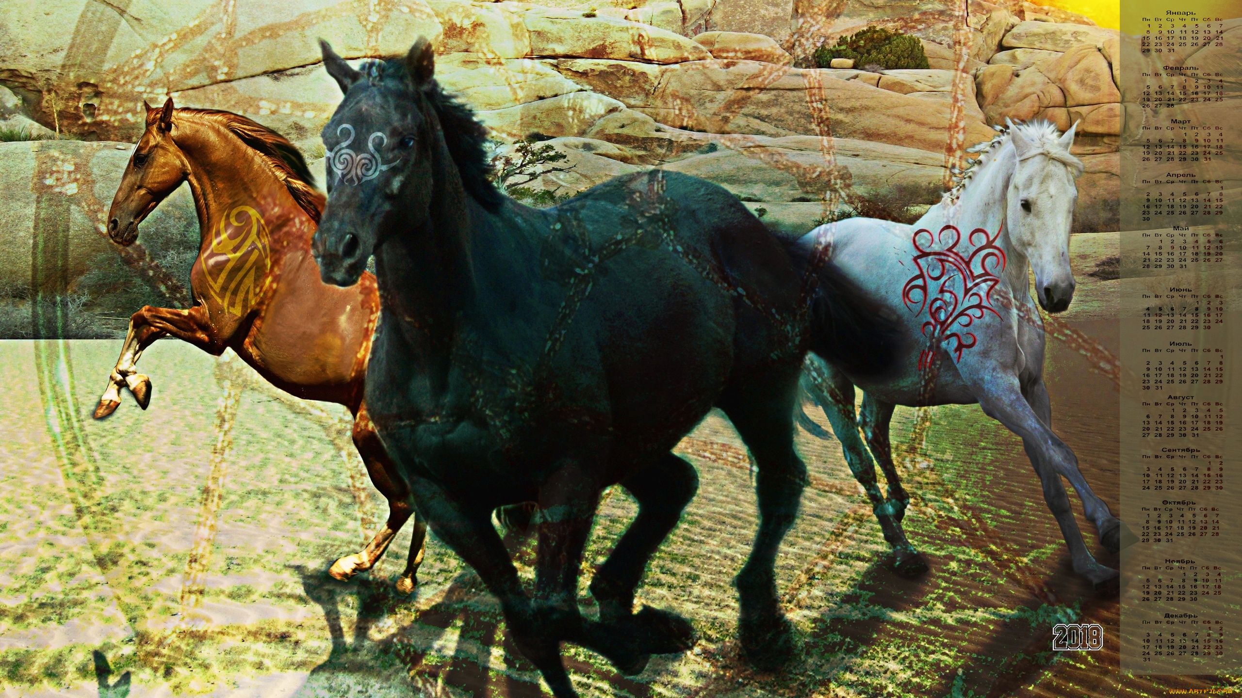 календари, компьютерный, дизайн, лошадь, 2018