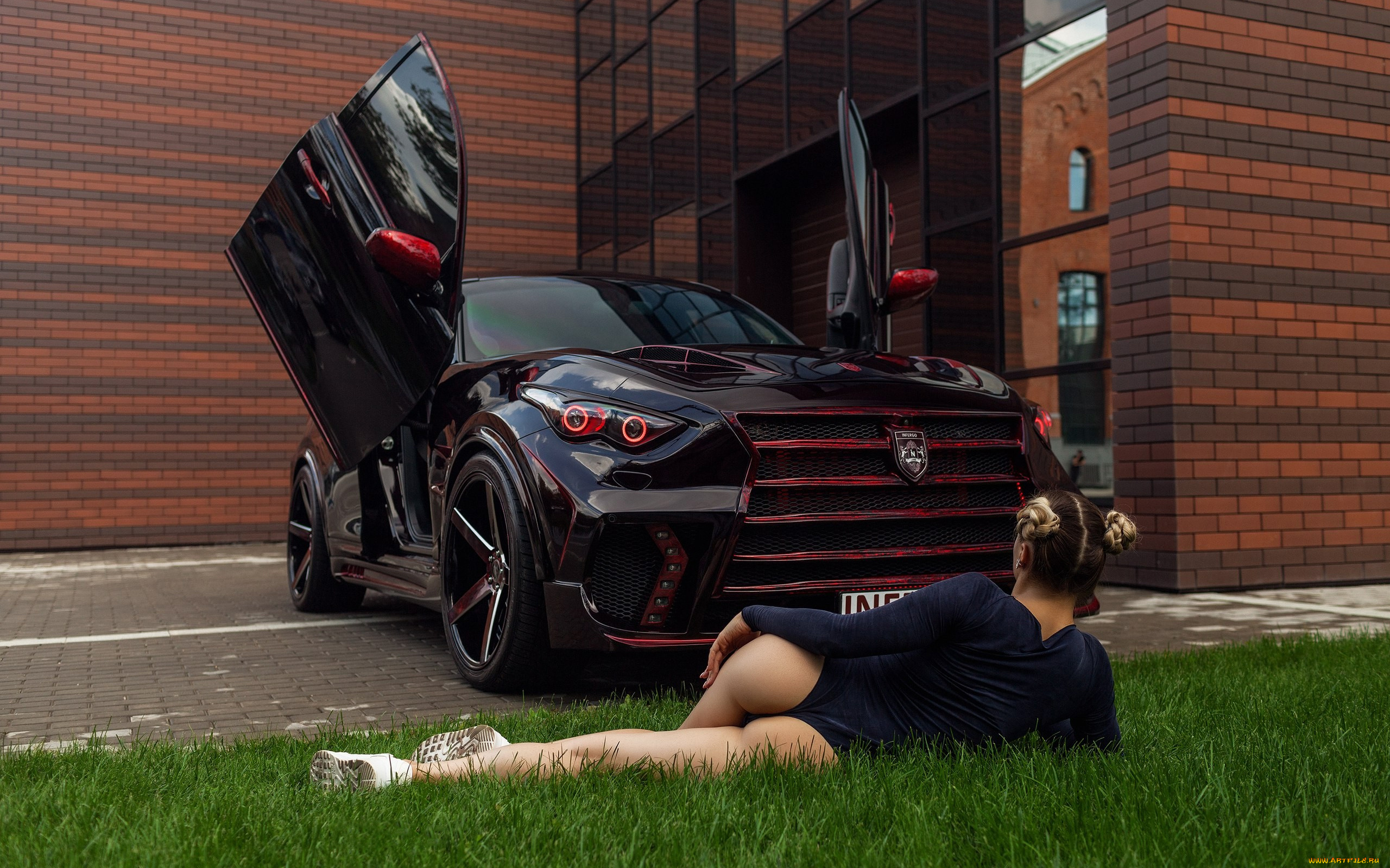 автомобили, -авто, с, девушками, девушка, автомобиль, травка, лежит, дом, чёрный