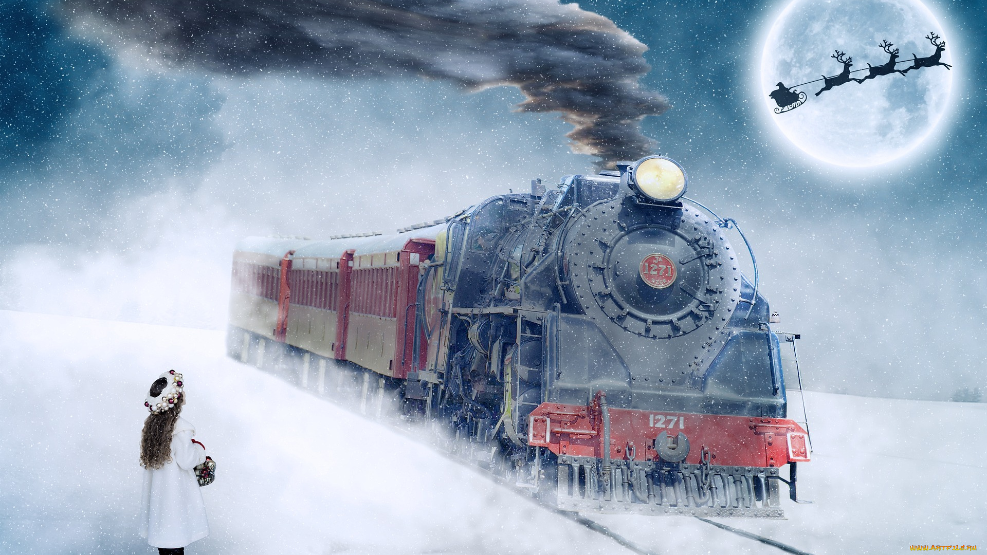 праздничные, -, разное, , новый, год, девочка, фон, снег, олени, паровоз, взгляд