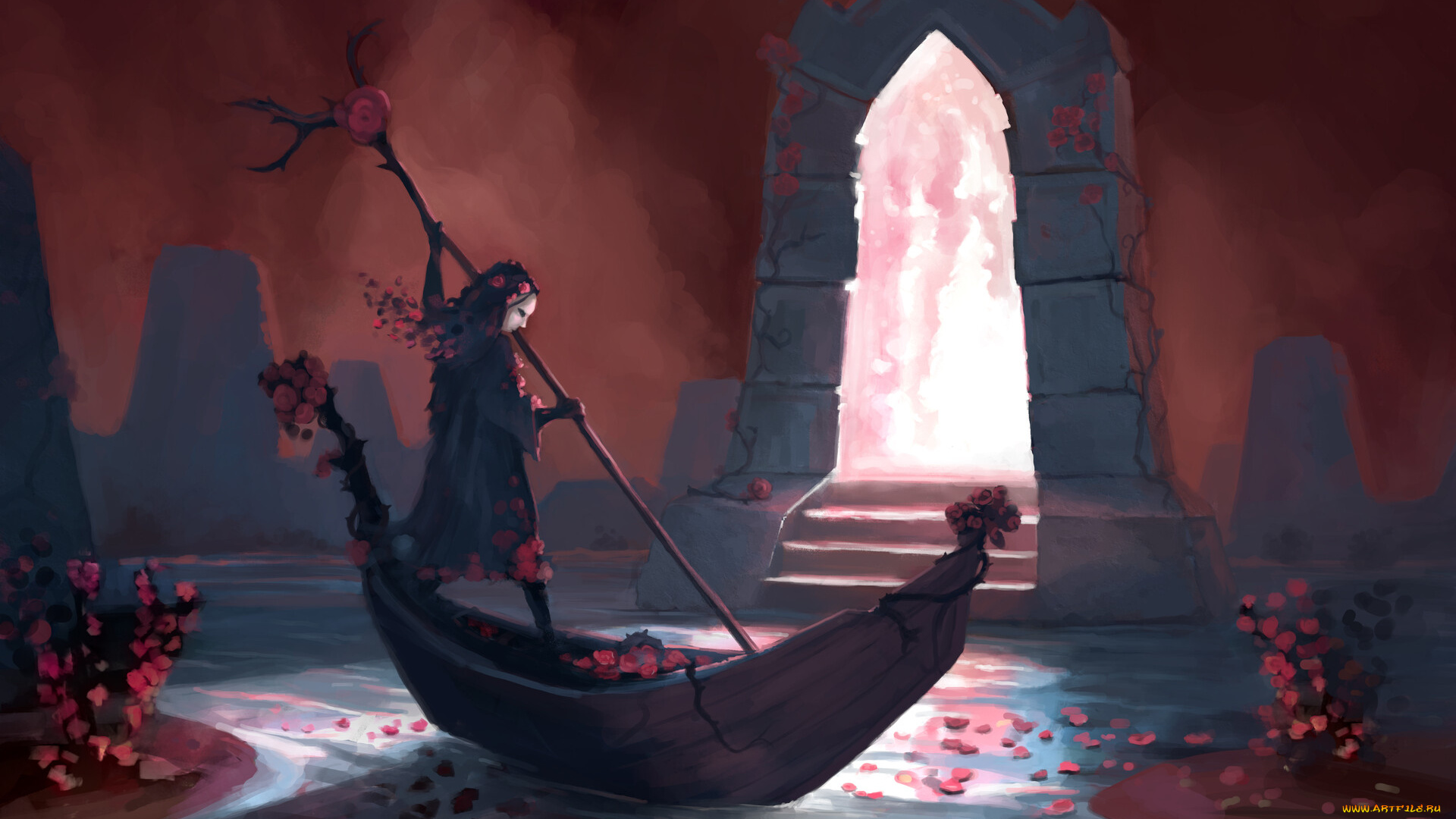 фэнтези, девушки, девушка, посох, цветы, лодка, река, врата