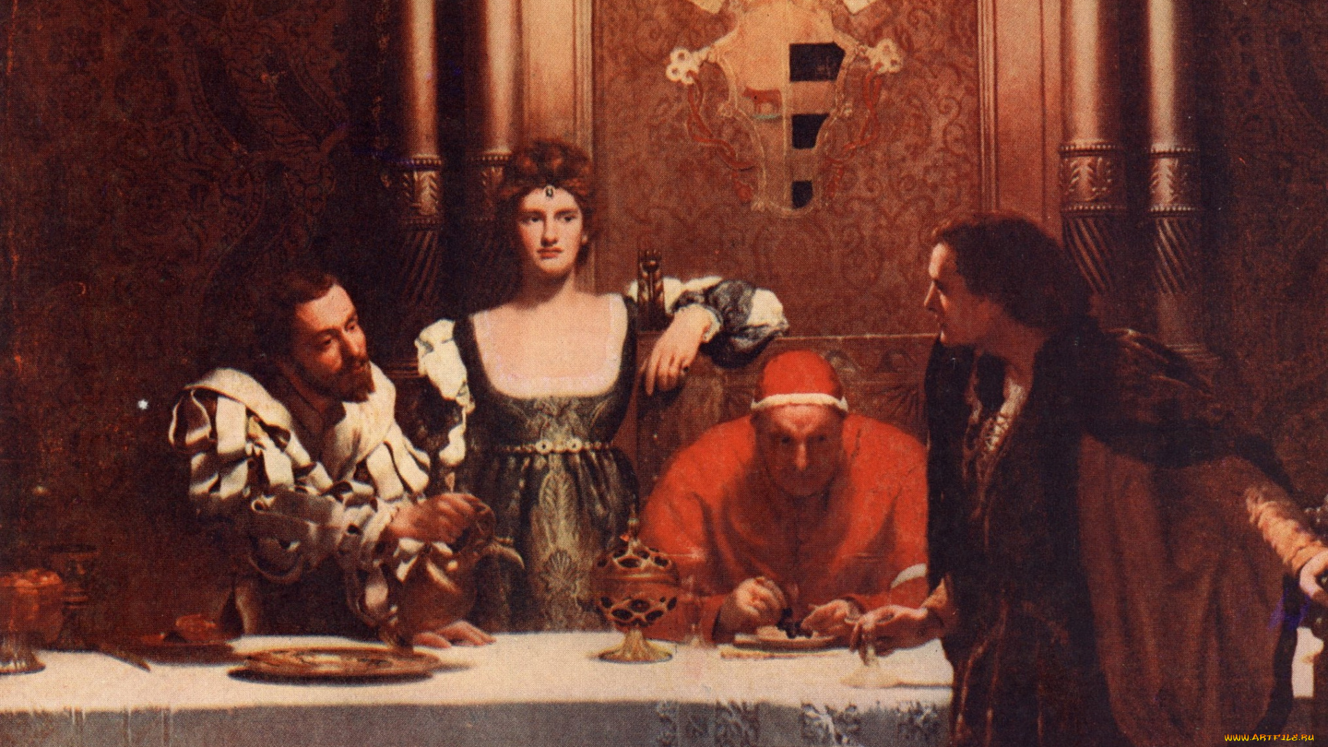 a, glass, of, wine, with, caesar, borgia, -, john, collier, рисованное, живопись, люди, стол