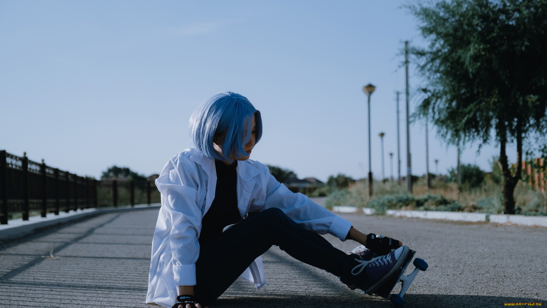 sound, ann, девушки, -, рыжеволосые, и, разноцветные, синеволосая, ролики, асфальт