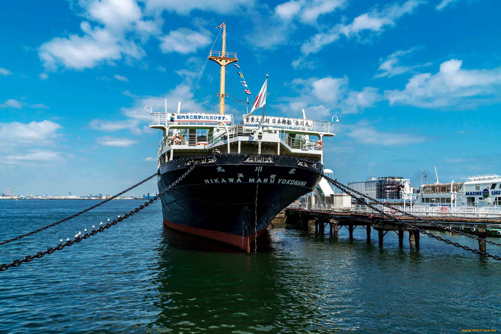 корабли, лайнеры, япония, причал, nyk, hikawamaru, yokohama, судно, якорная, цепь, гавань