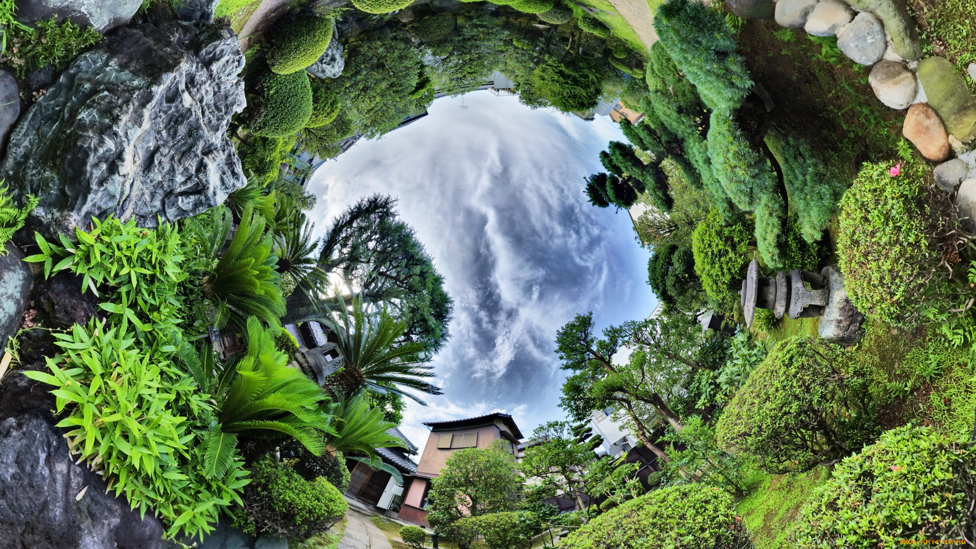 города, -, другое, panoramic, sphere, fisheye, lens, hdr, деревья, облака, панорамная, сфера, объектив, рыбий, глаз, сад, растения, дом, камни, пальмы, скалы