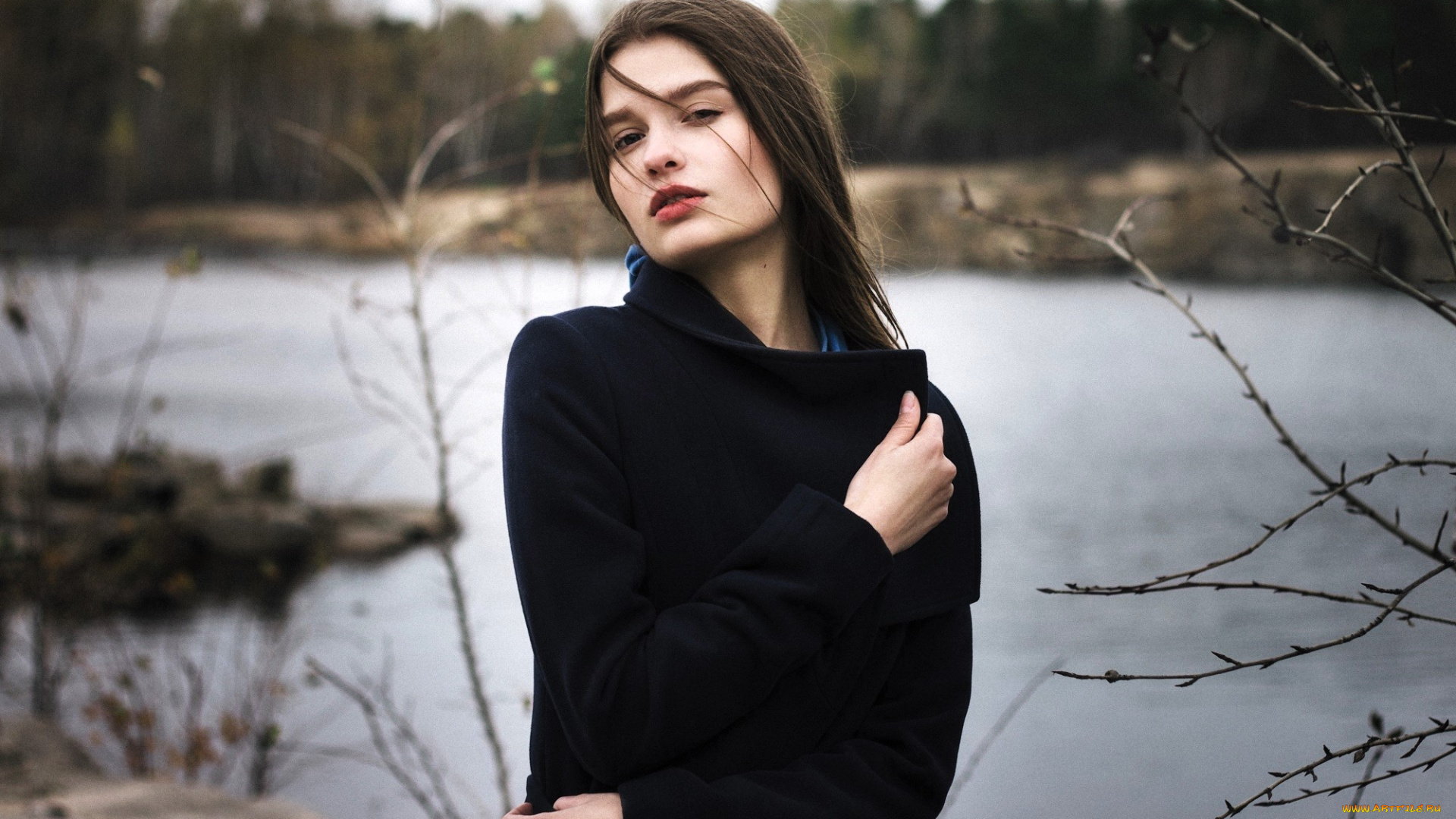 девушки, -, брюнетки, , шатенки, шатенка, пальто, река, лес