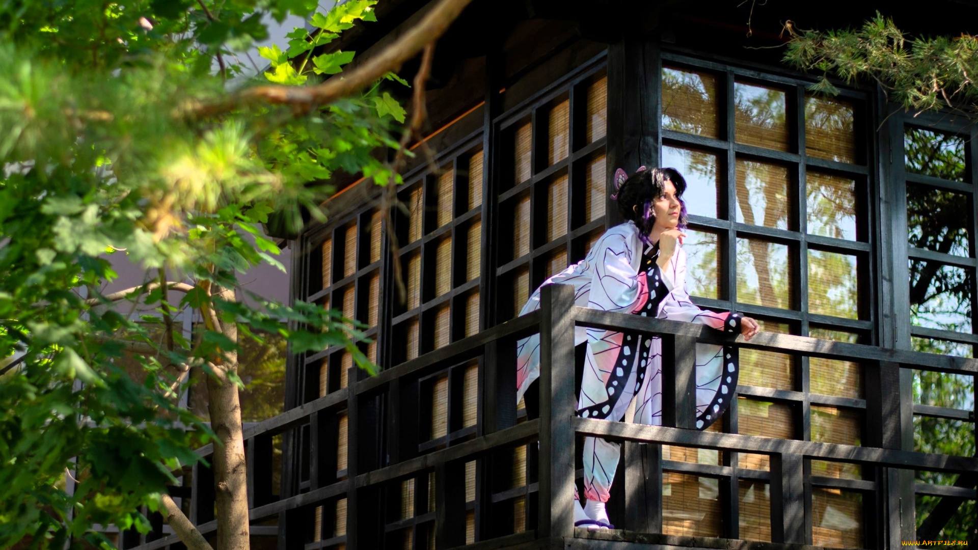 девушки, -, креатив, , косплей, образ, косплей, наряд, костюм, кимоно, деревья, дом, балкон