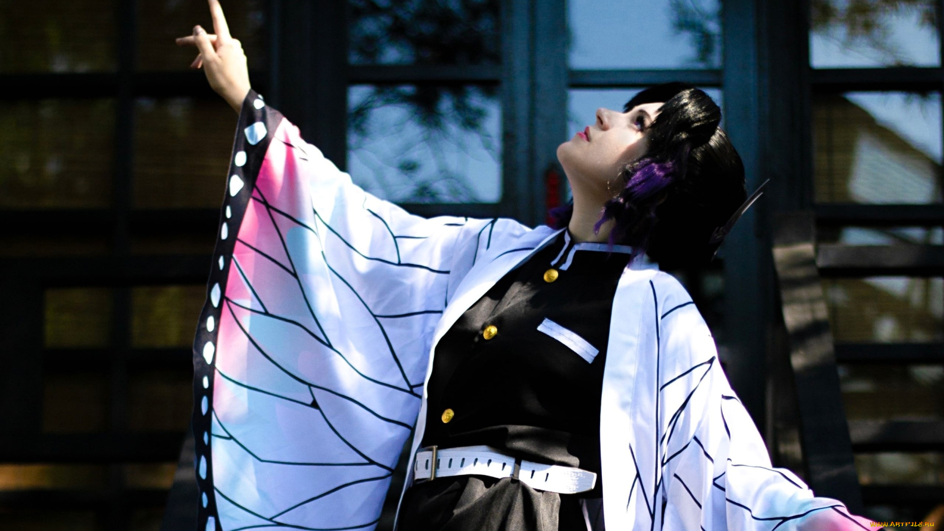 девушки, -, креатив, , косплей, образ, косплей, наряд, костюм, кимоно, деревья, дом, балкон