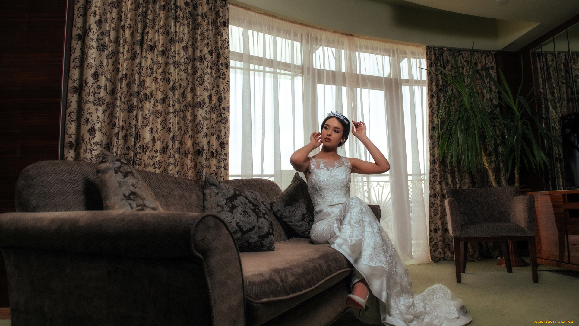 девушки, -, невесты, невеста, платье, диван, окно, шторы