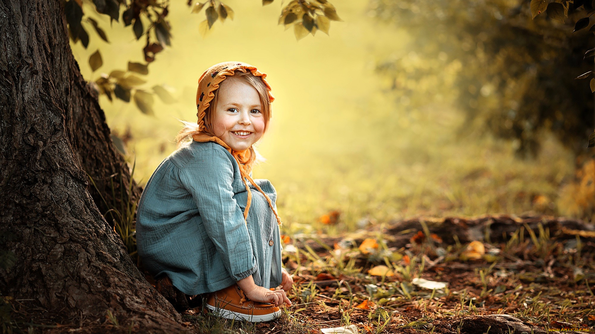 разное, дети, девочка, ребенок, чепчик, платье, дерево, листья