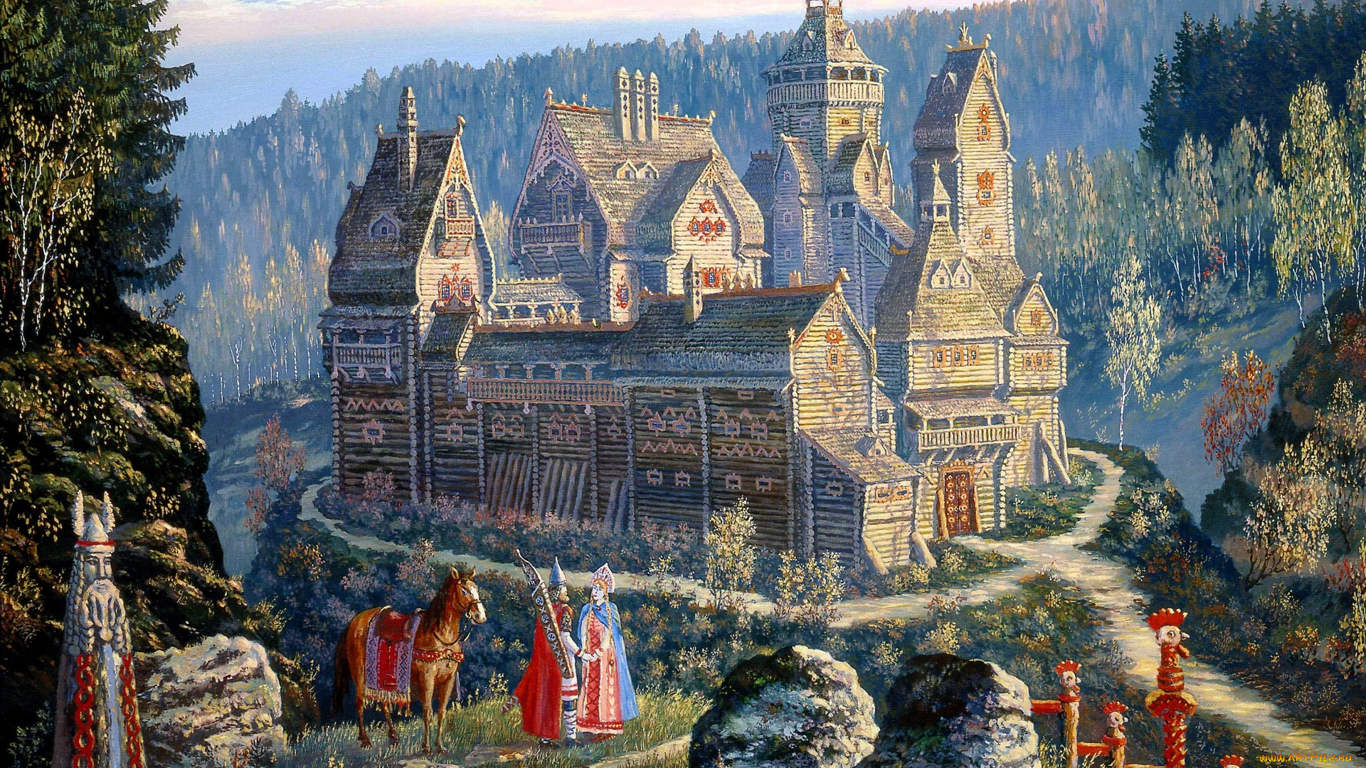 рисованное, всеволод, иванов, леса, горы, город, тропа, люди, сказка