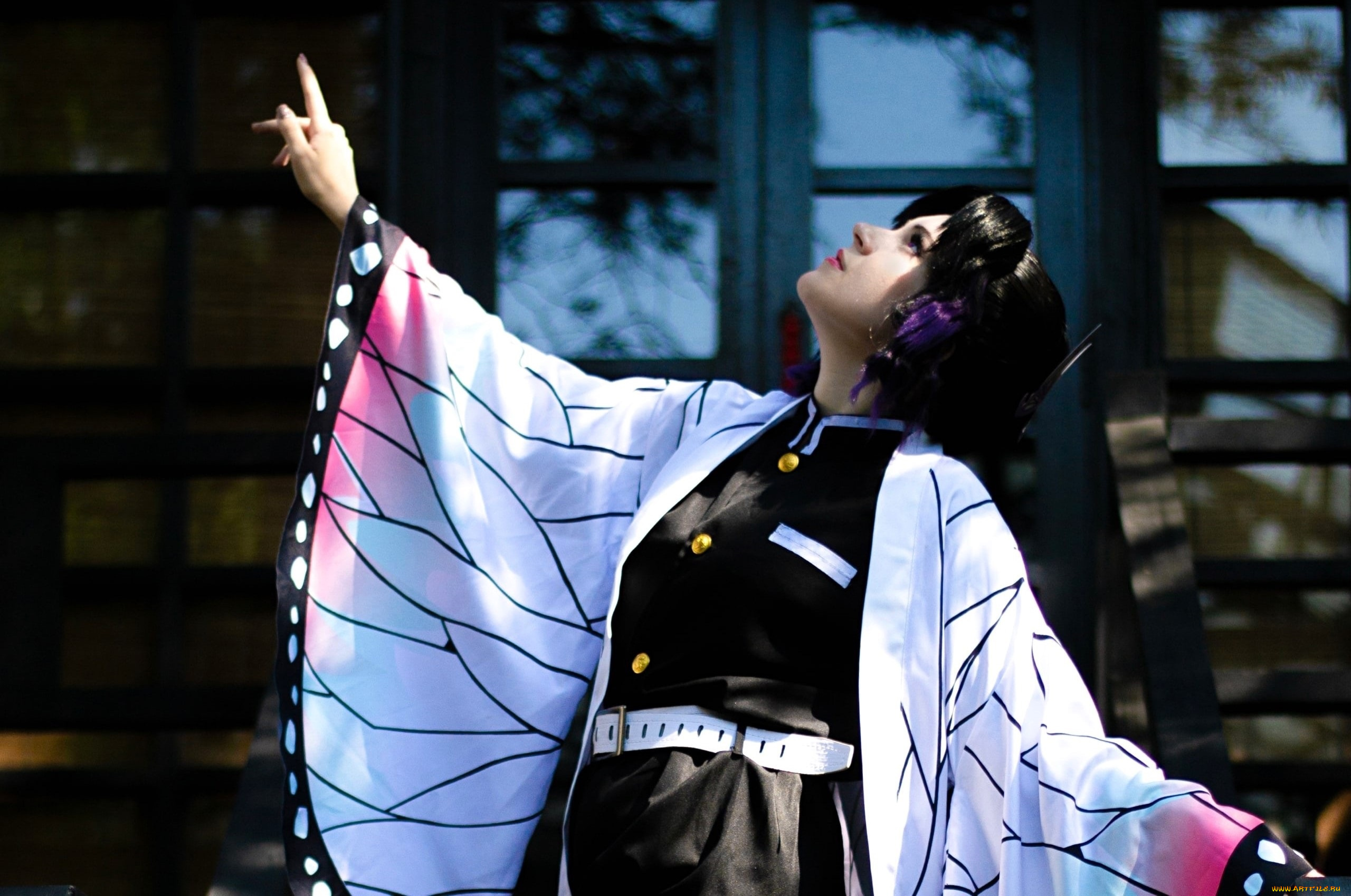 девушки, -, креатив, , косплей, образ, косплей, наряд, костюм, кимоно, деревья, дом, балкон