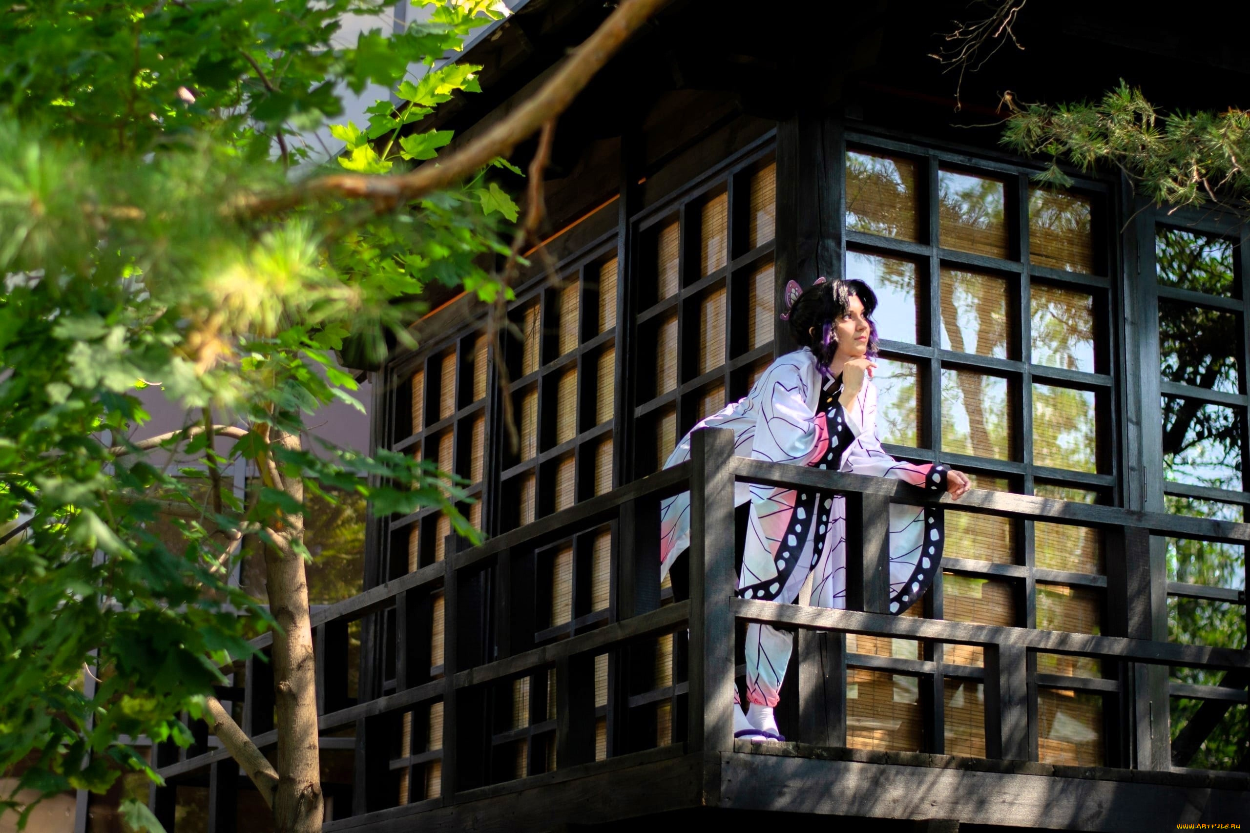 девушки, -, креатив, , косплей, образ, косплей, наряд, костюм, кимоно, деревья, дом, балкон
